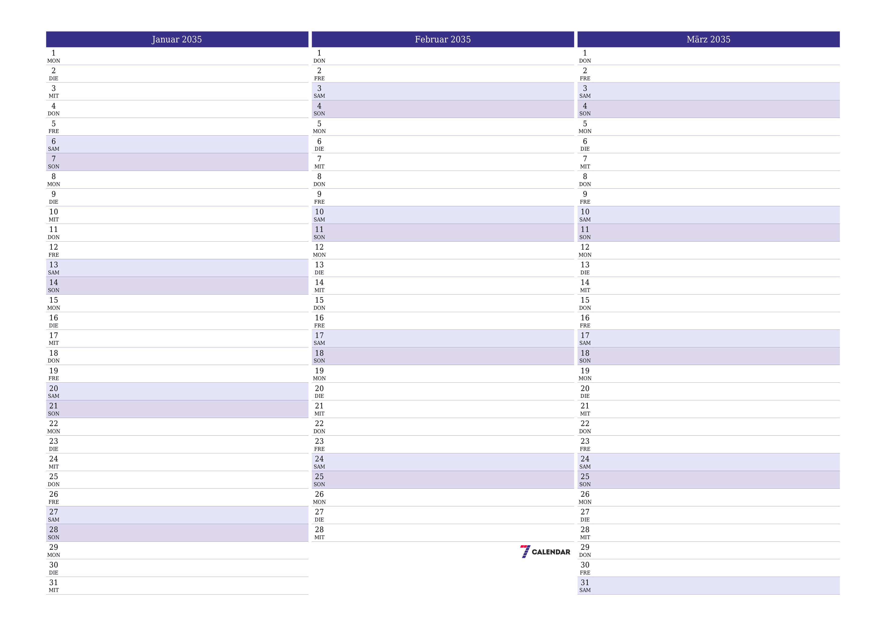 Monatsplaner für Monat Januar 2035 mit Notizen leeren, speichern und als PDF PNG German - 7calendar.com drucken