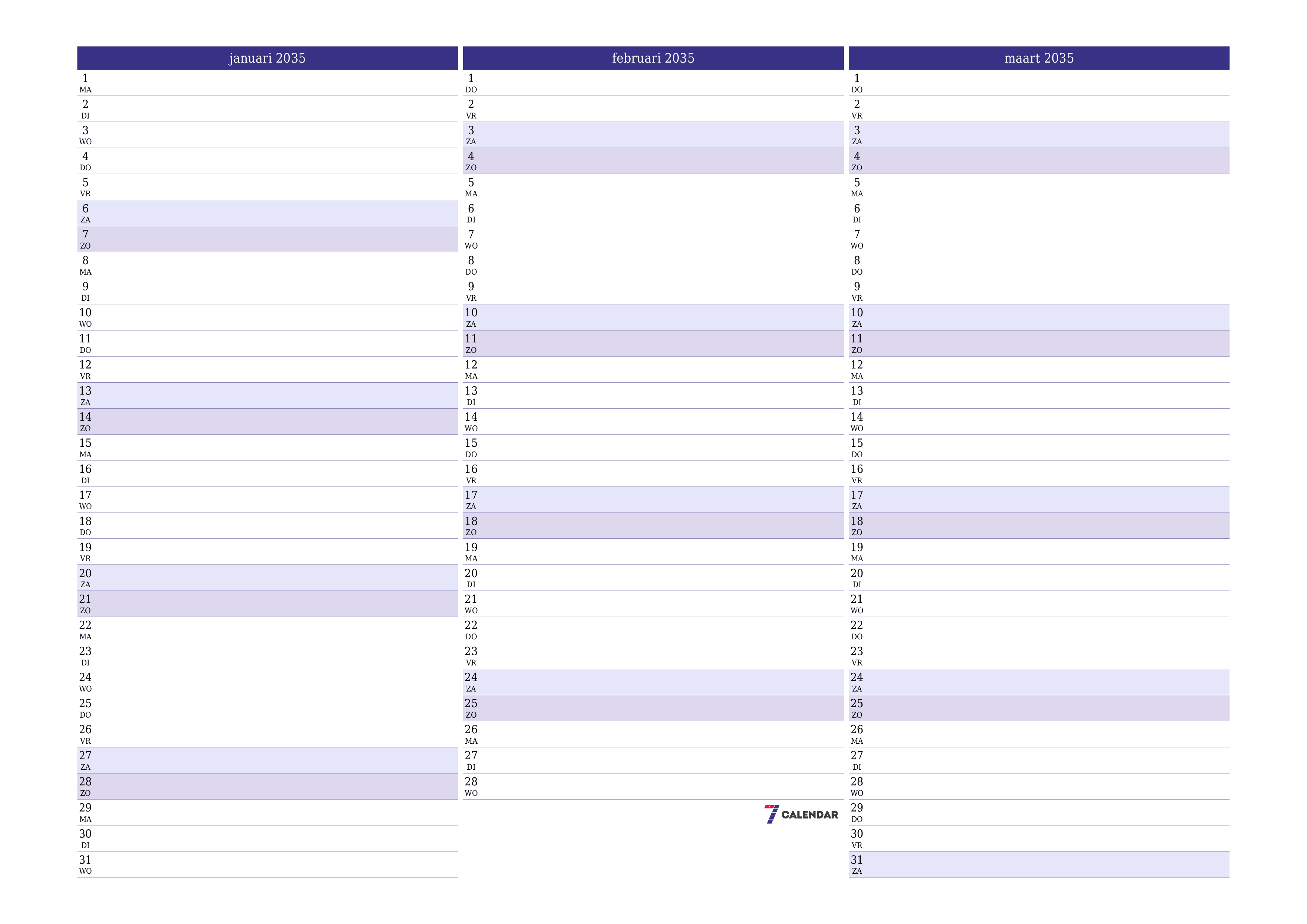 Lege maandplanner voor maand januari 2035 met notities, opslaan en afdrukken naar pdf PNG Dutch