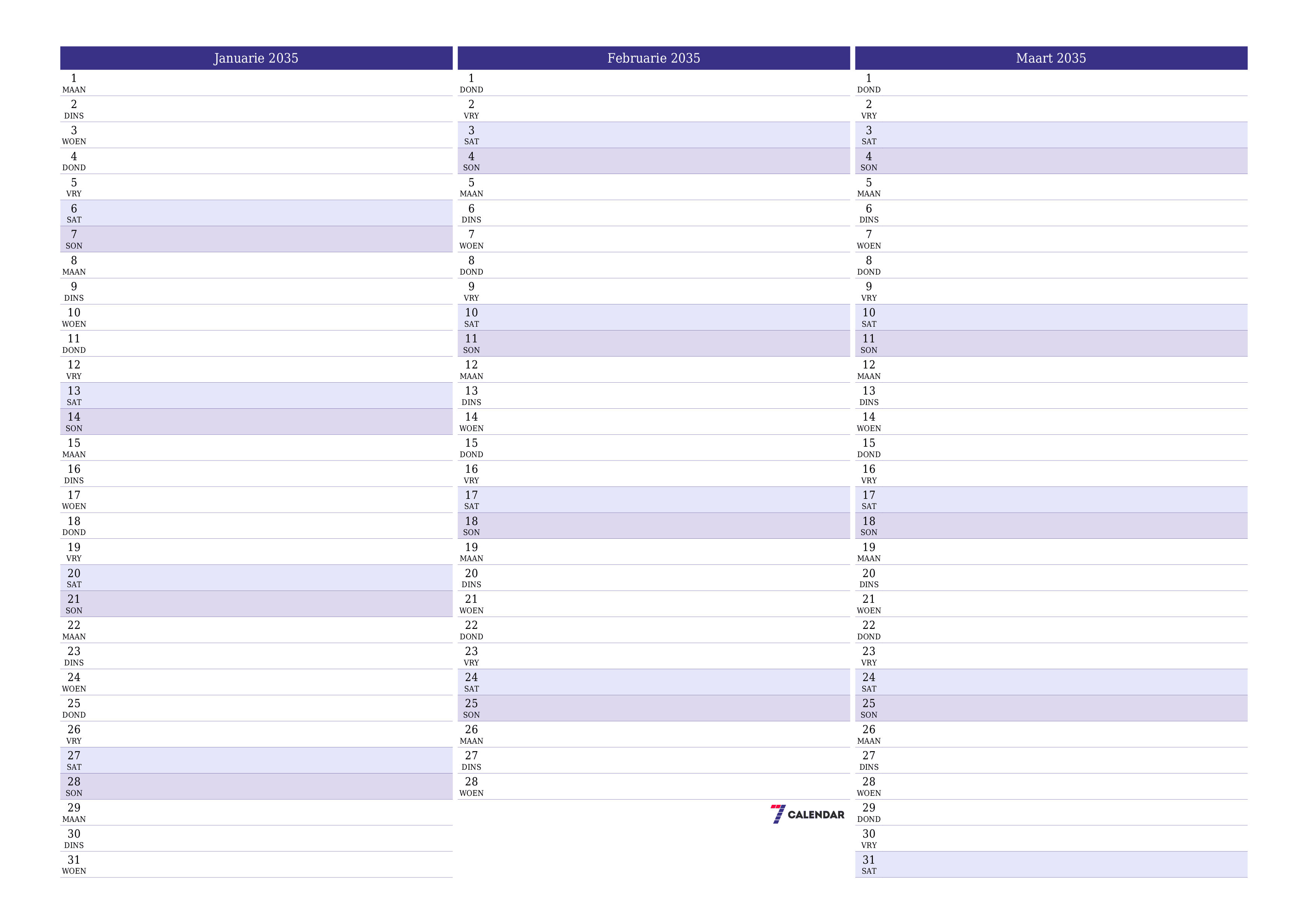Leë maandelikse drukbare kalender en beplanner vir maand Januarie 2035 met notas stoor en druk na PDF PNG Afrikaans