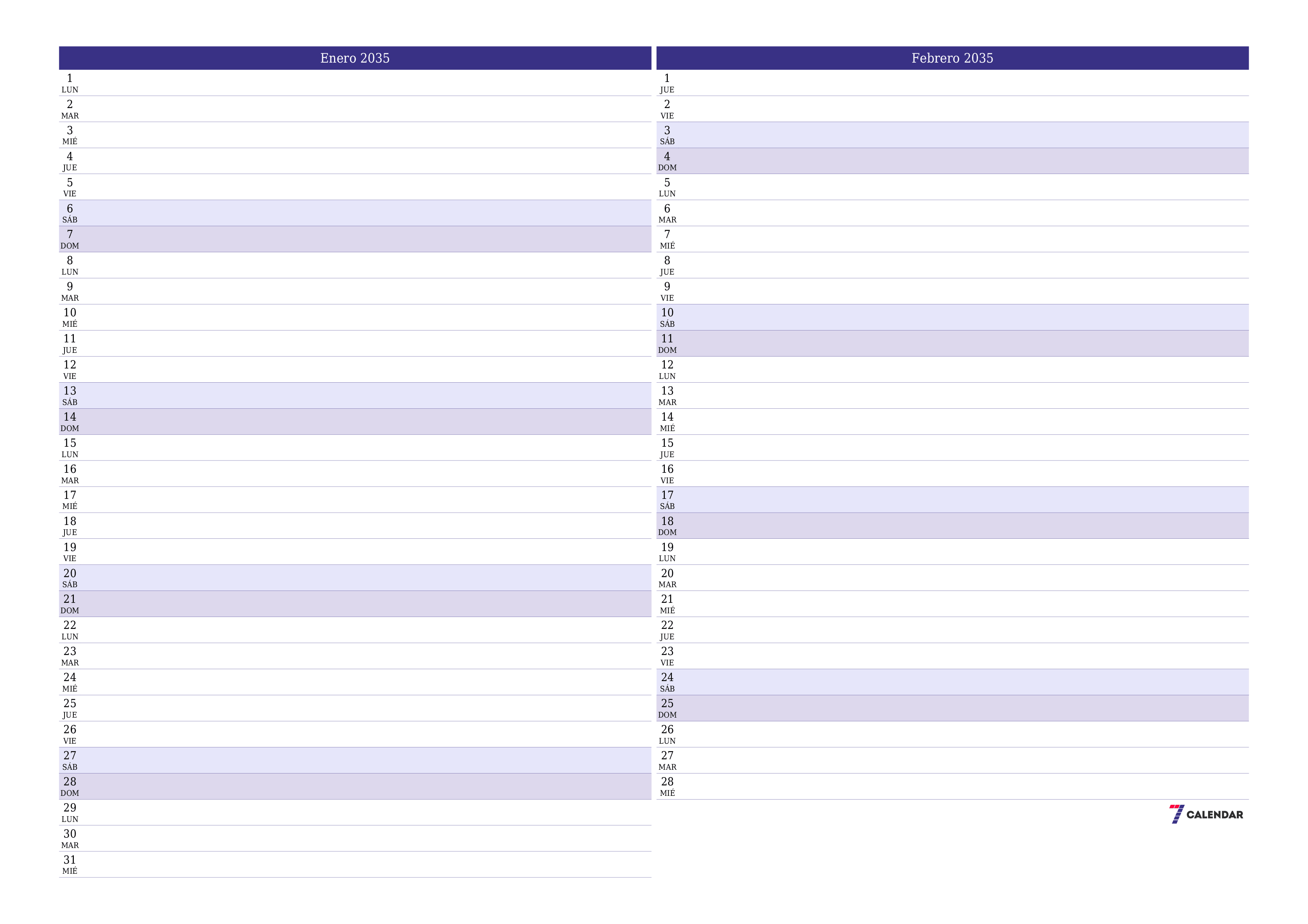 Planificador mensual vacío para el mes Enero 2035 con notas, guardar e imprimir en PDF PNG Spanish
