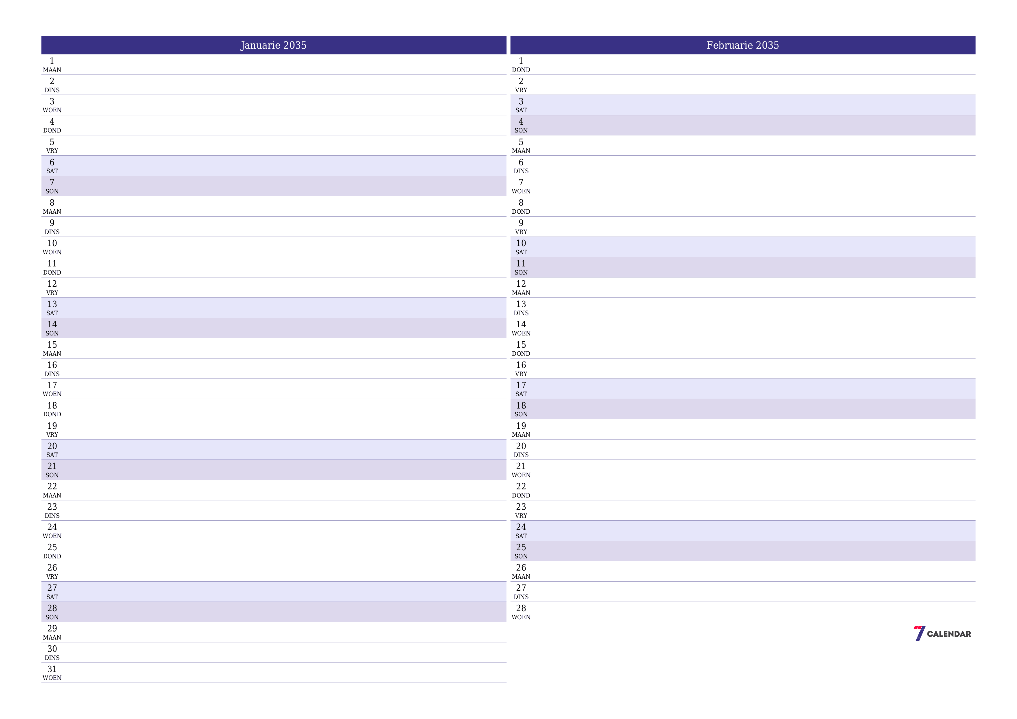 Leë maandelikse drukbare kalender en beplanner vir maand Januarie 2035 met notas stoor en druk na PDF PNG Afrikaans