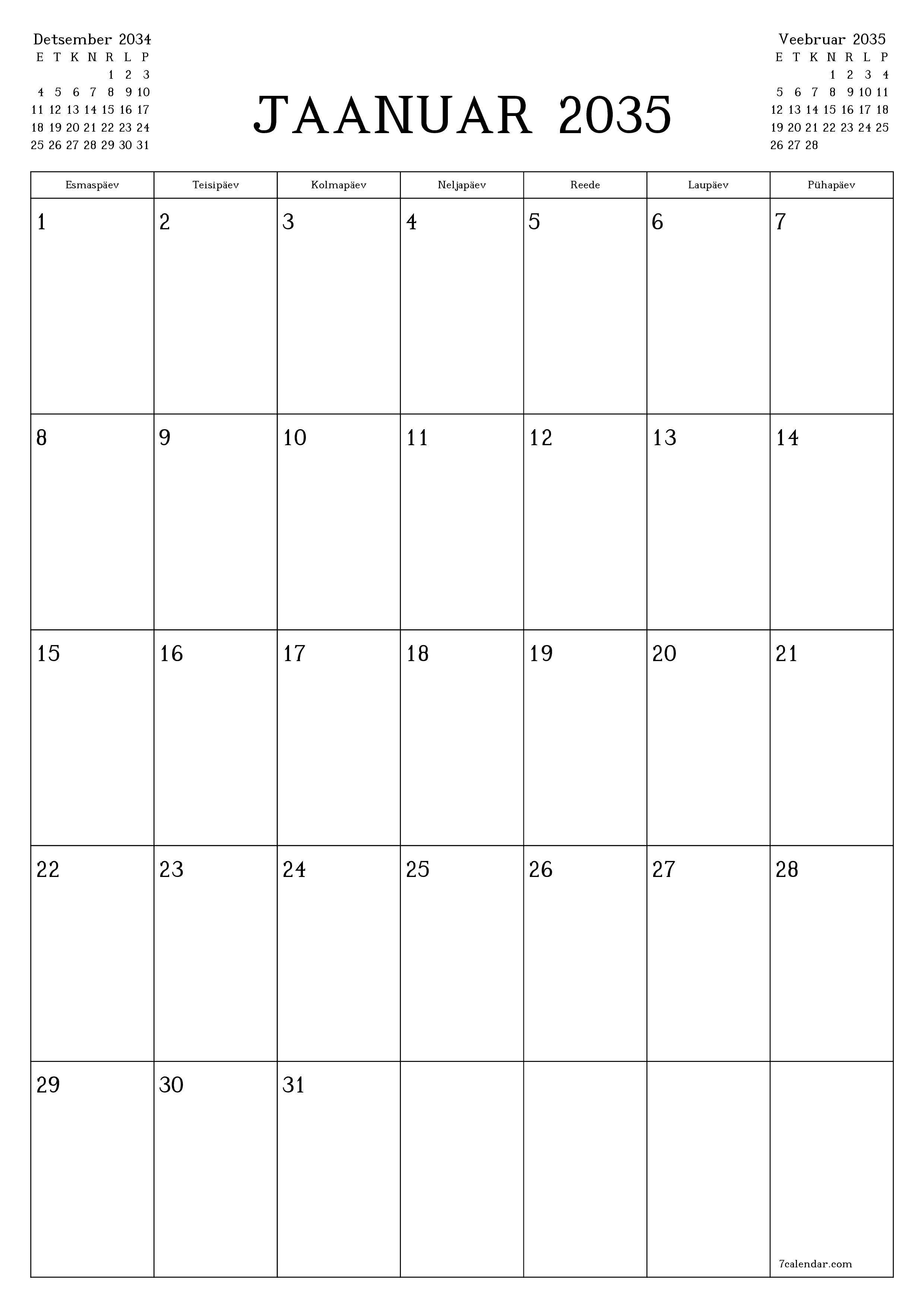 prinditav seina kalendri mall tasuta vertikaalne Igakuine planeerija kalender Jaanuar (Jaan) 2035