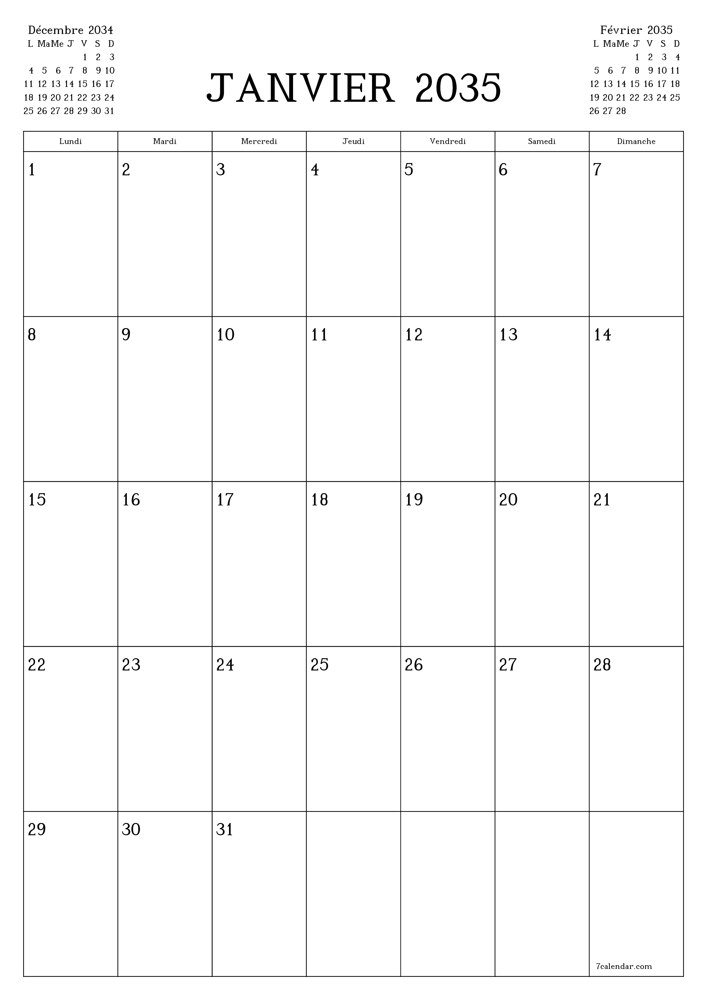  imprimable mural modèle de gratuitverticale Mensuel planificateur calendrier Janvier (Jan) 2035