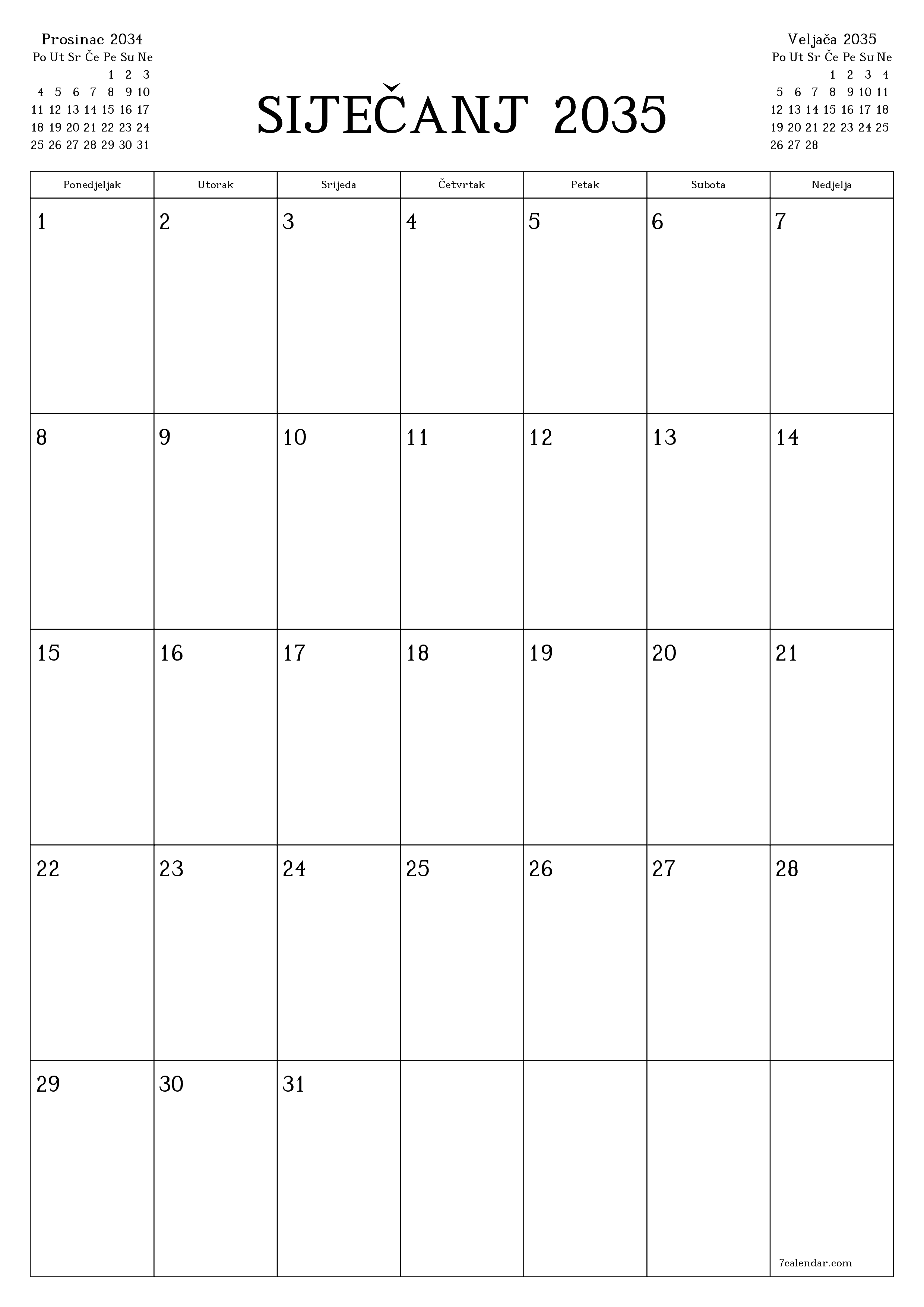  za ispis zidni predložak a besplatni okomito Mjesečni planer kalendar Siječanj (Sij) 2035