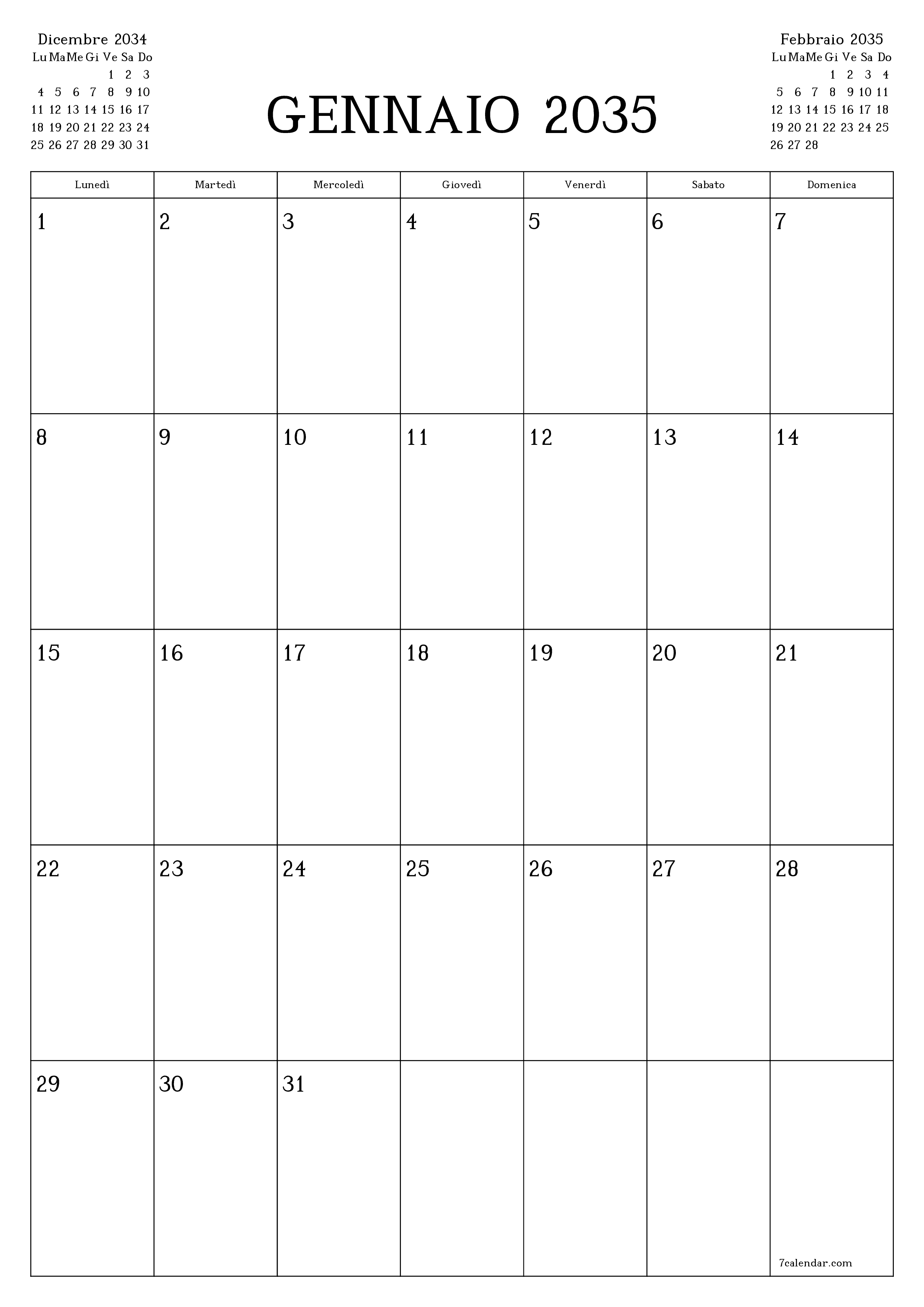  stampabile da parete modello di gratuitoverticale Mensile pianificatore calendario Gennaio (Gen) 2035