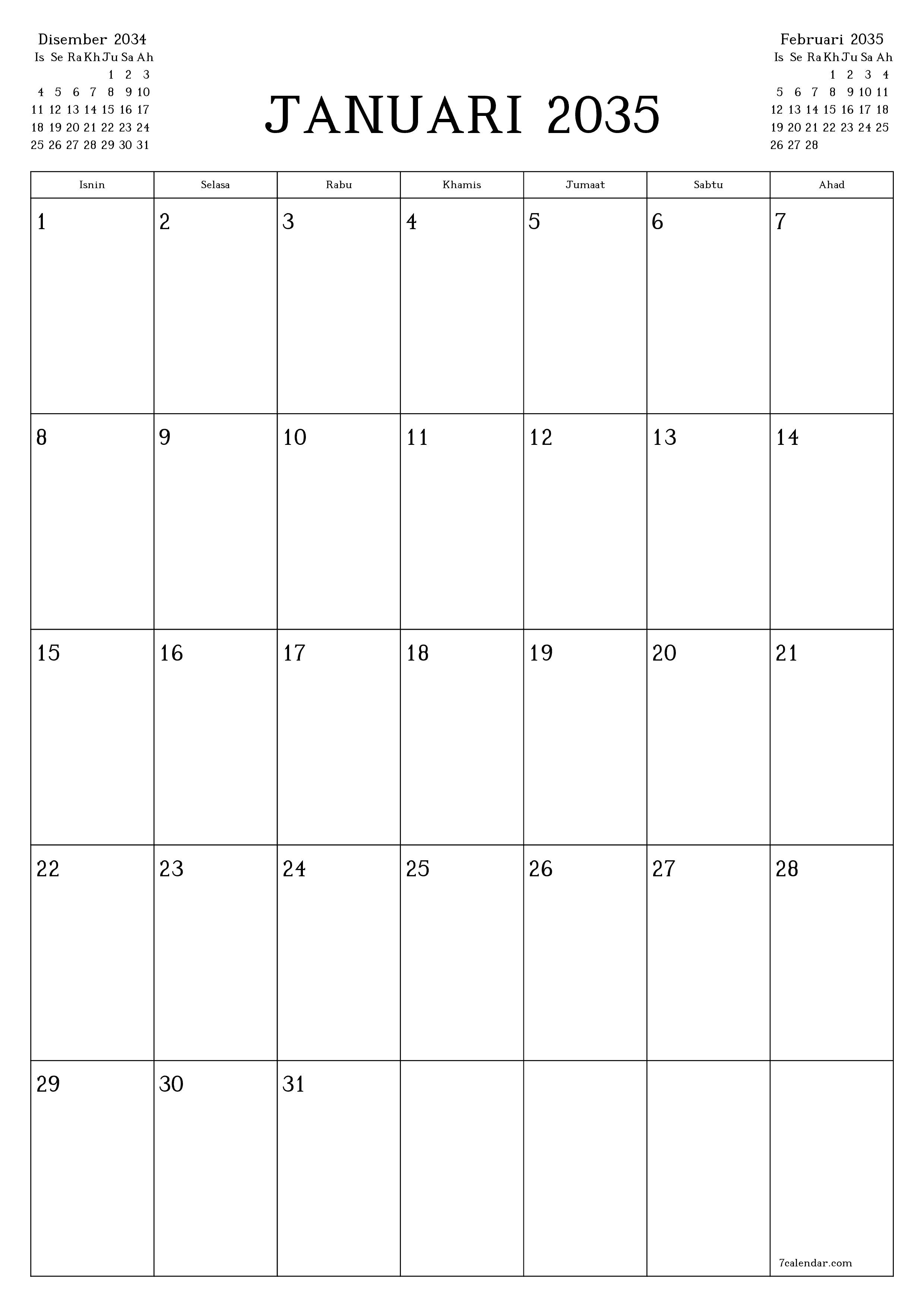  boleh cetak dinding templat percumamenegak Bulanan perancang kalendar Januari (Jan) 2035