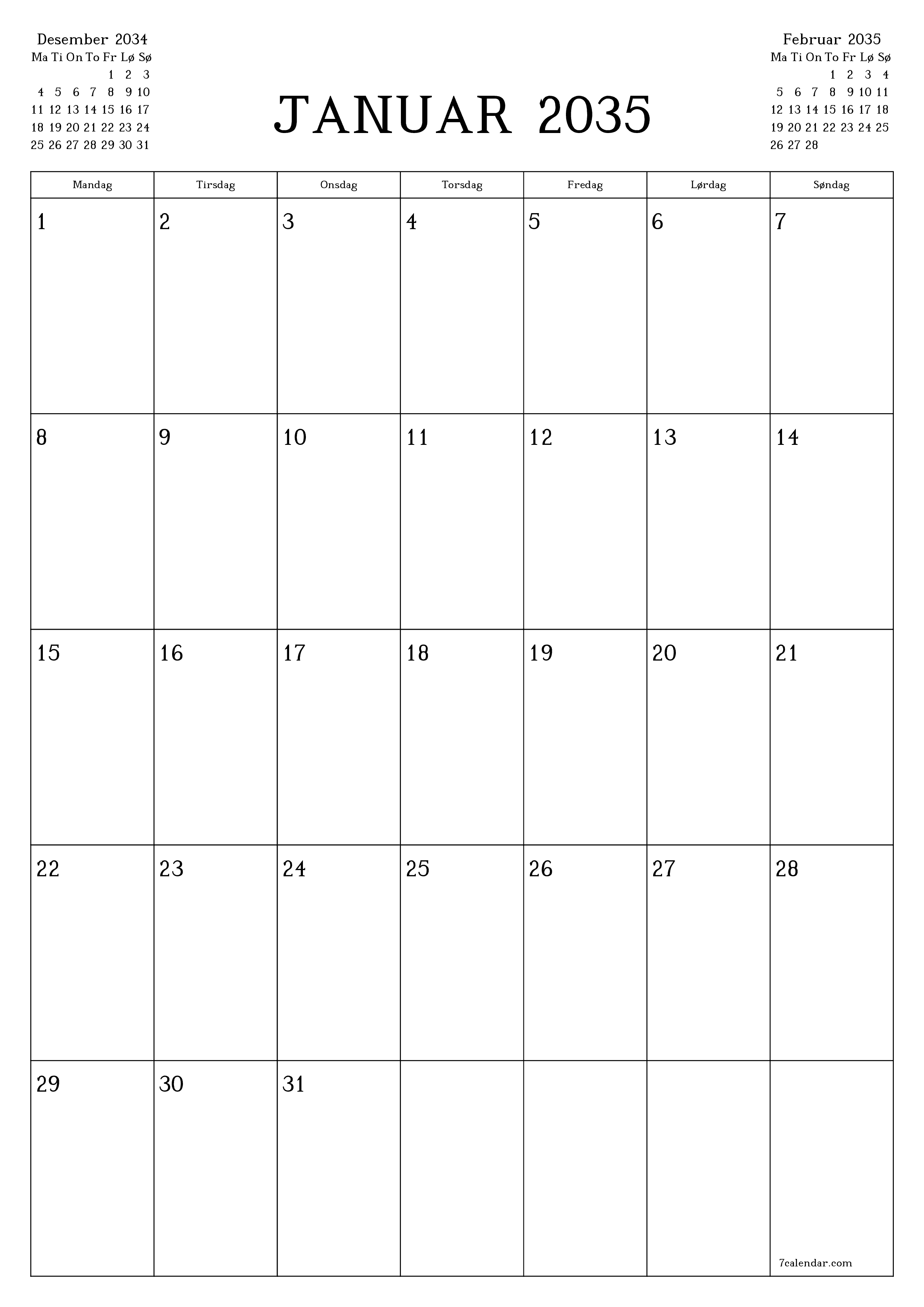 utskrivbar vegg mal gratis vertikal Månedlig planlegger kalender Januar (Jan) 2035