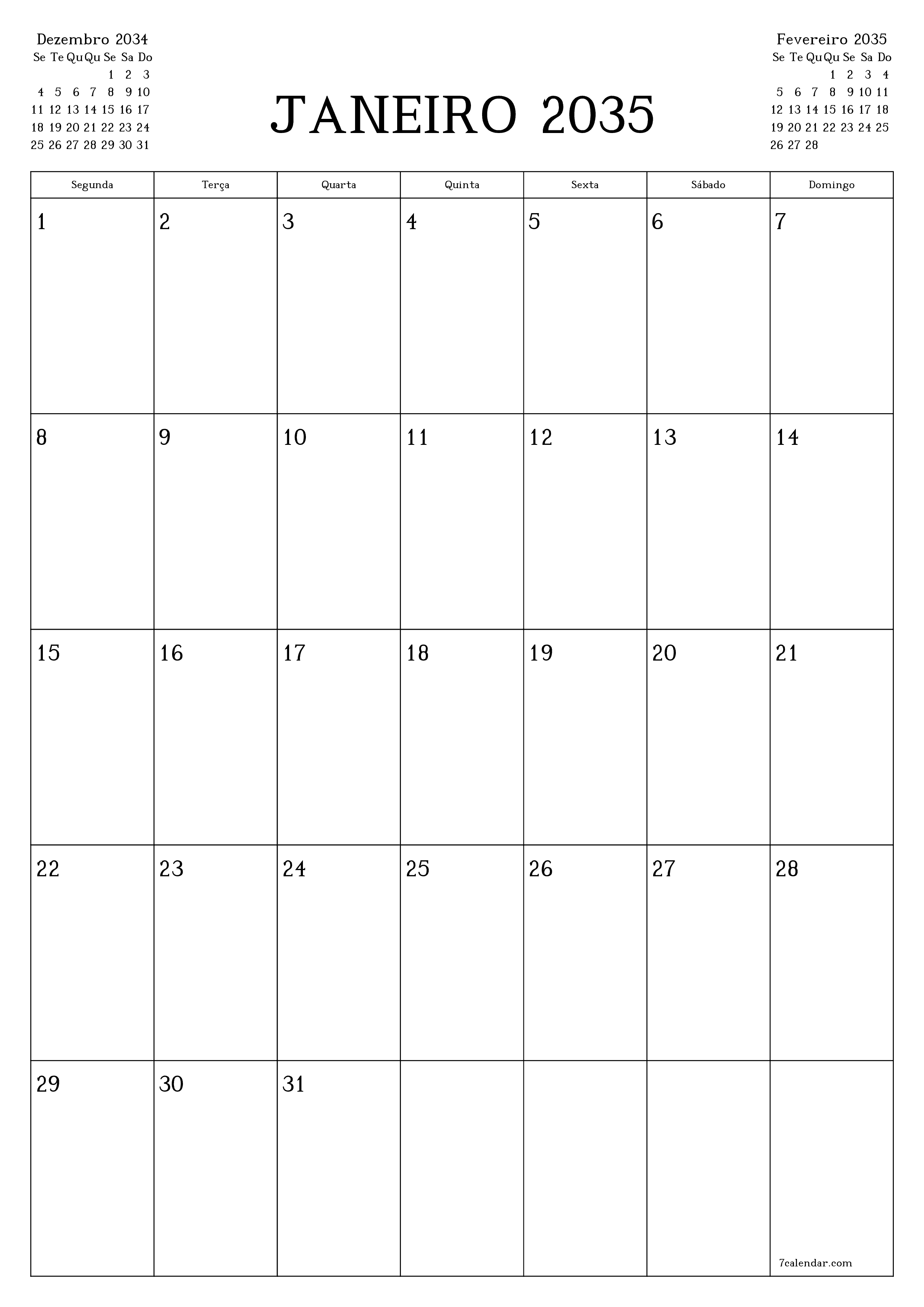  para impressão de parede modelo de grátisvertical Mensal planejador calendário Janeiro (Jan) 2035