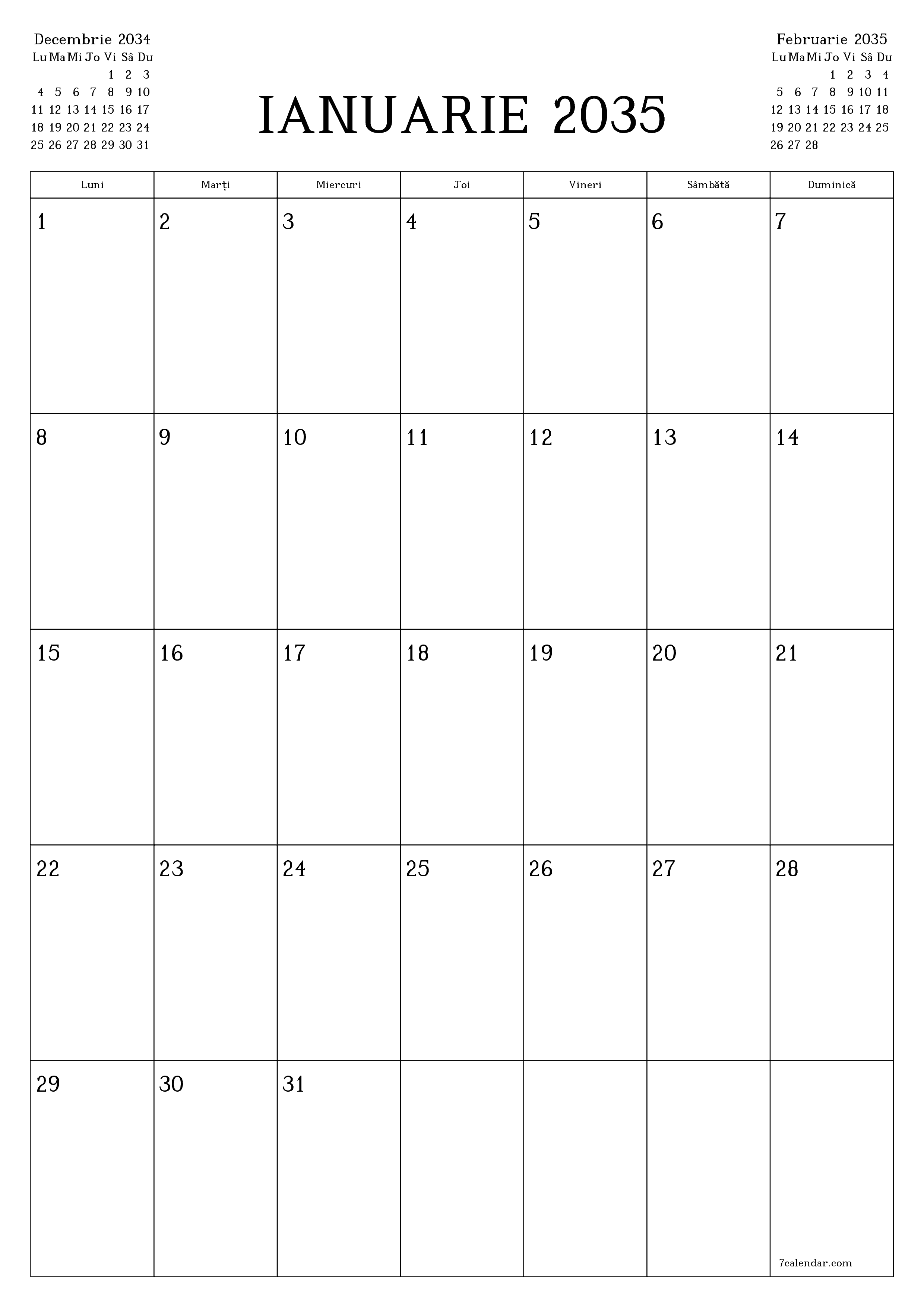  imprimabil de perete șablon de gratuitvertical Lunar planificator calendar Ianuarie (Ian) 2035