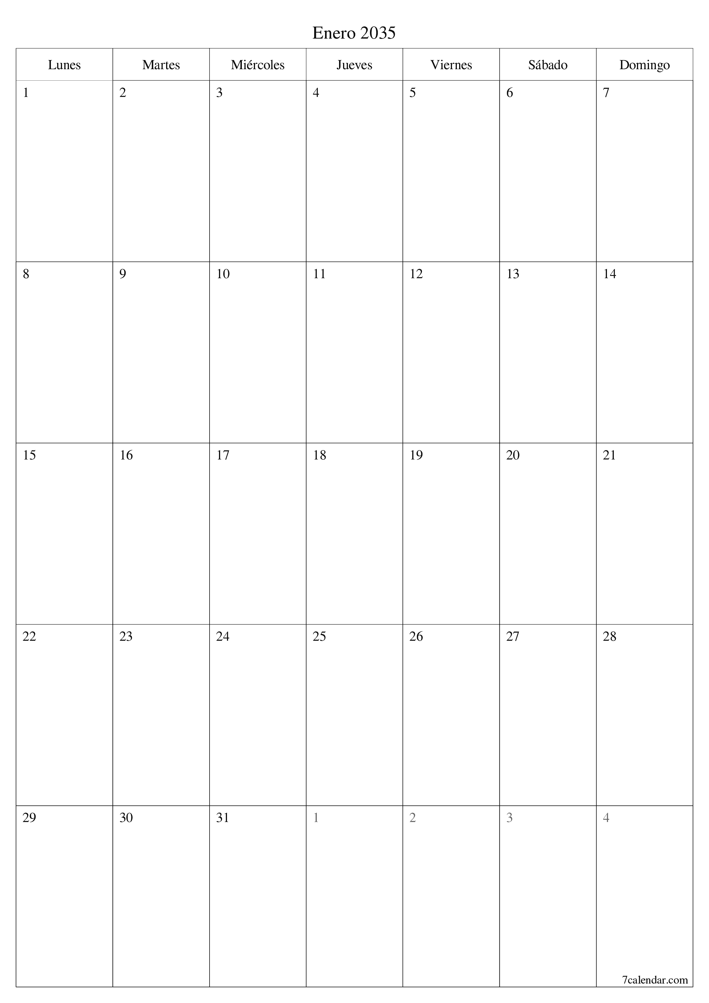  imprimible de pared plantilla de gratisvertical Mensual planificador calendario Enero (Ene) 2035