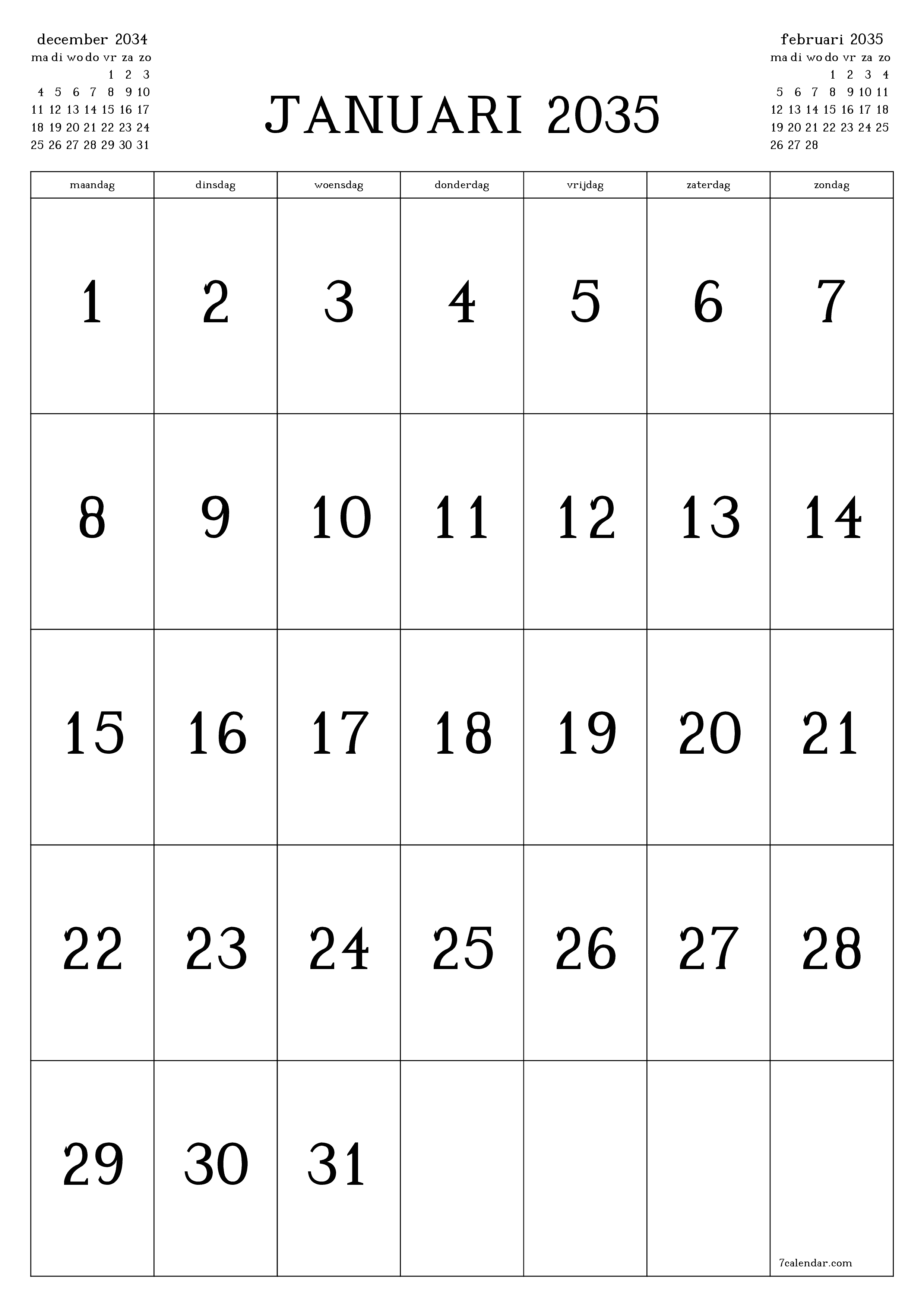 afdrukbare muur sjabloon gratis verticaal Maandelijks kalender januari (jan) 2035