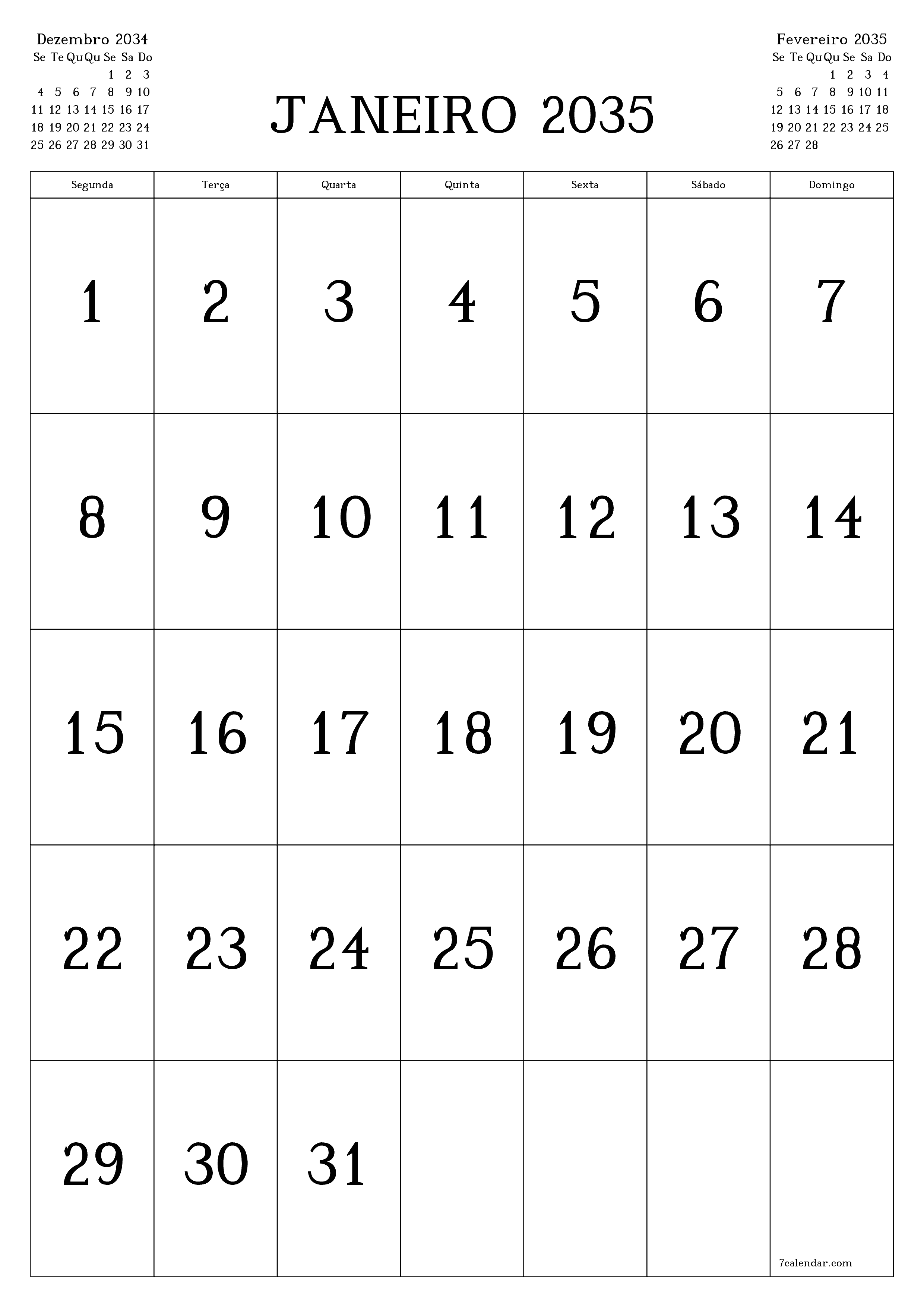  para impressão de parede modelo de grátisvertical Mensal calendário Janeiro (Jan) 2035