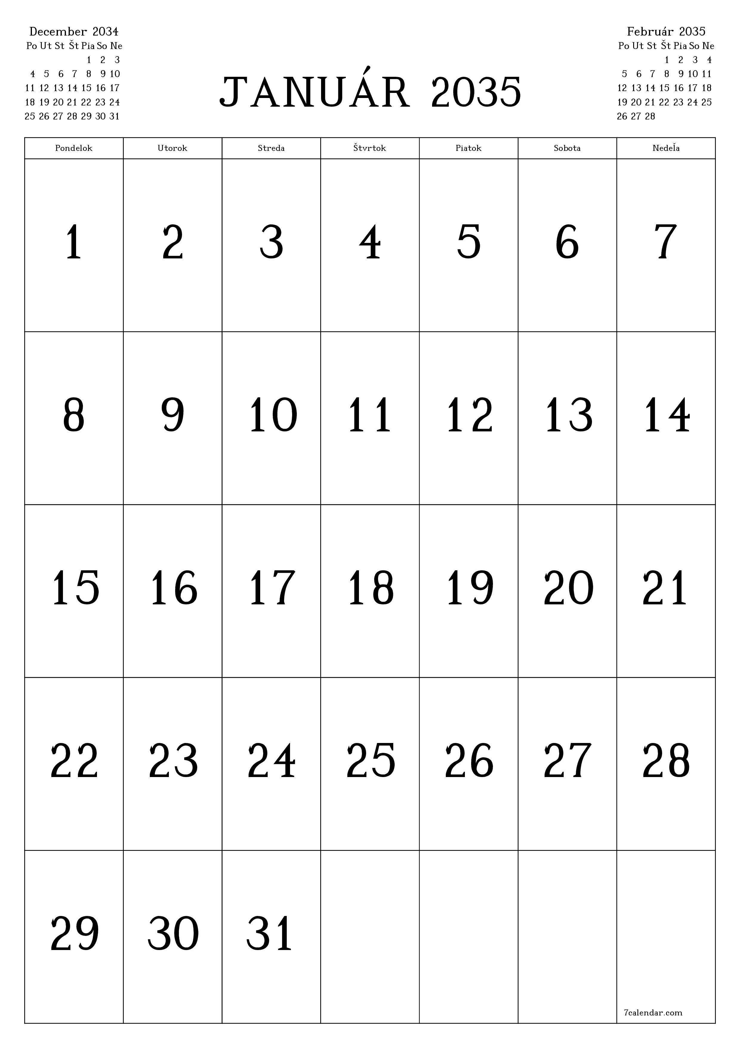 vytlačiteľný nástenný šablóna a bezplatný вертикальный Mesačne kalendár Január (Jan) 2035