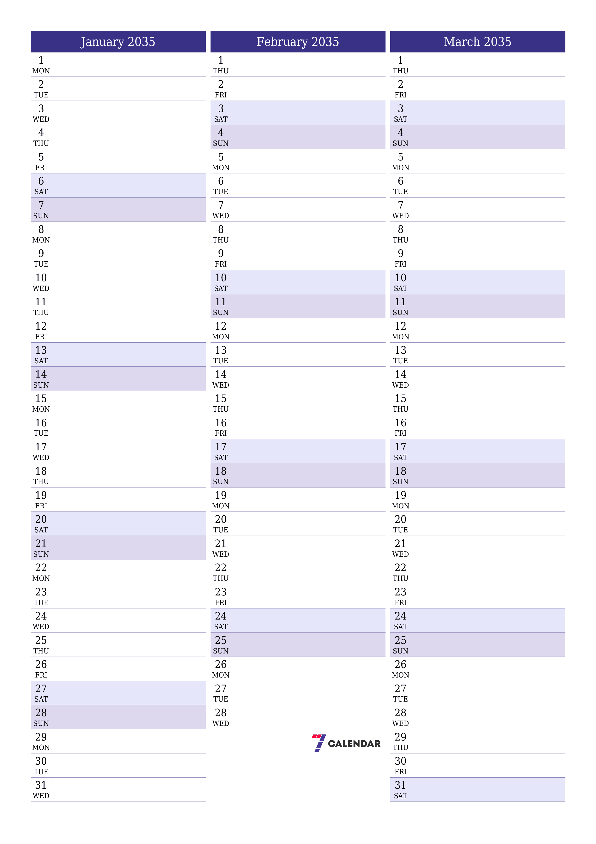 printable wall template free vertical Monthly planner calendar January (Jan) 2035
