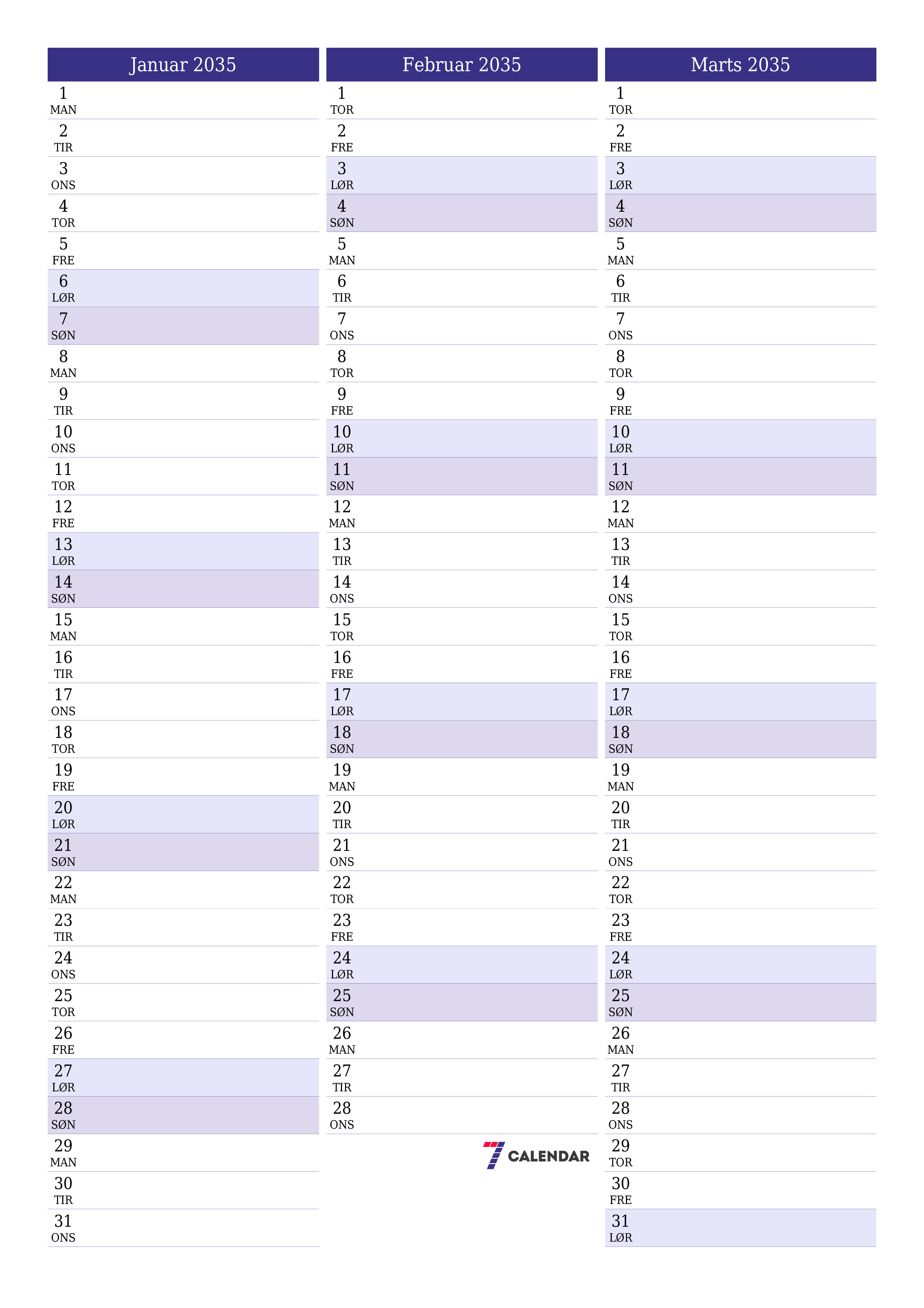 udskrivbar væg skabelon gratis lodret Månedlig planlægger kalender Januar (Jan) 2035