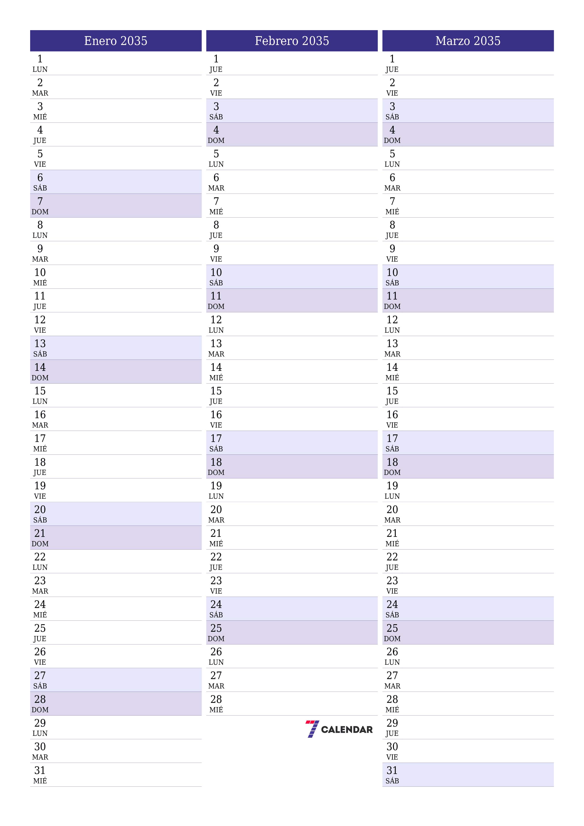  imprimible de pared plantilla de gratisvertical Mensual planificador calendario Enero (Ene) 2035