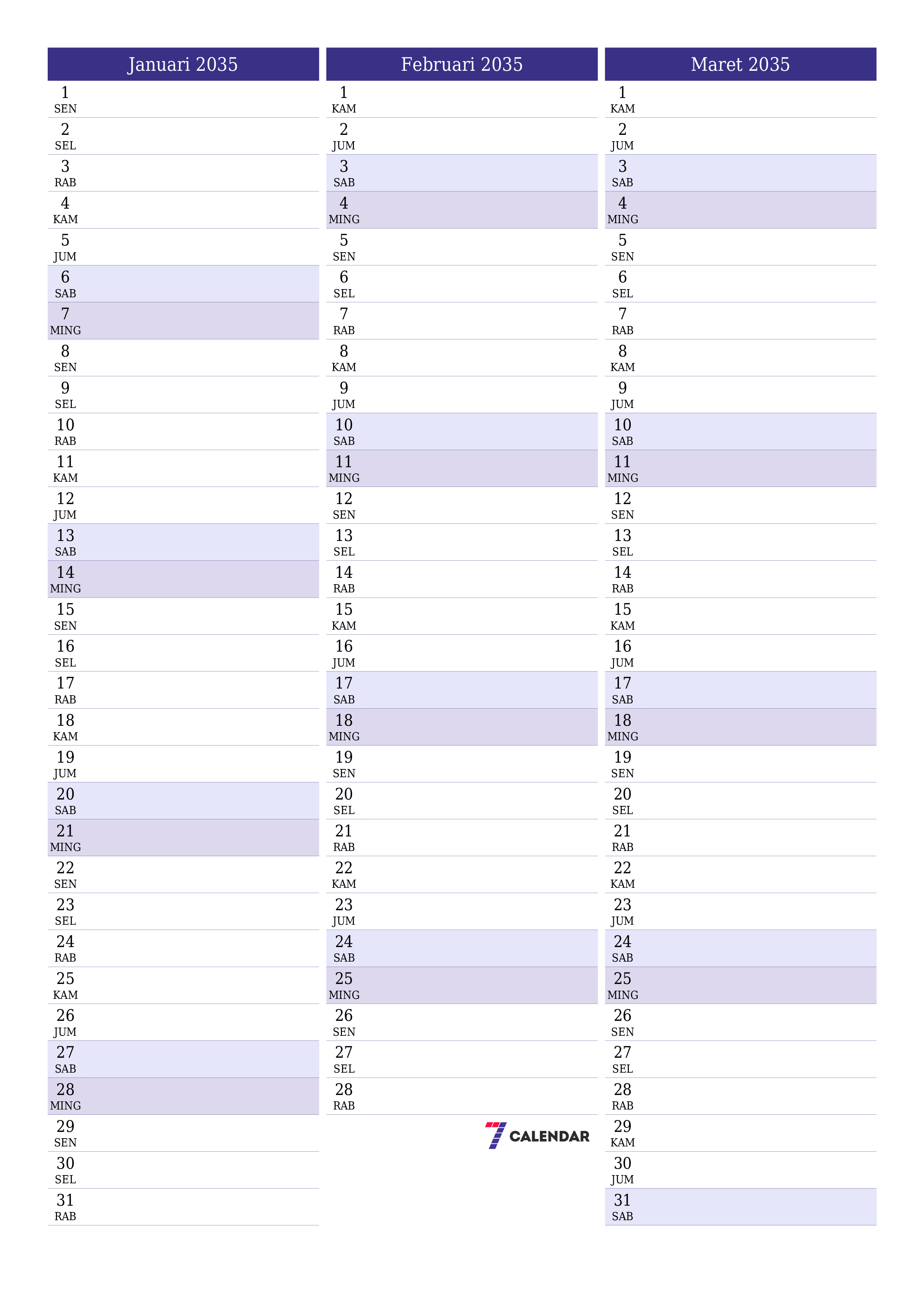  yang dapat dicetak dinding templat gratisvertikal Bulanan perencana kalender Januari (Jan) 2035