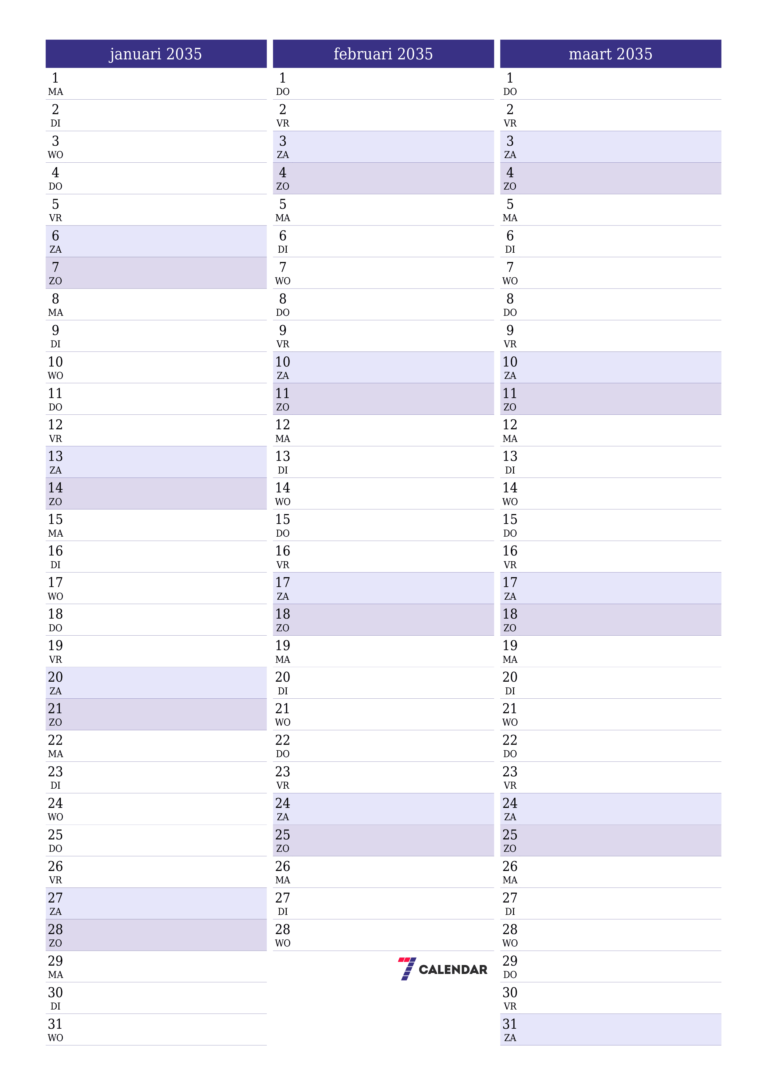 afdrukbare muur sjabloon gratis verticaal Maandelijks planner kalender januari (jan) 2035
