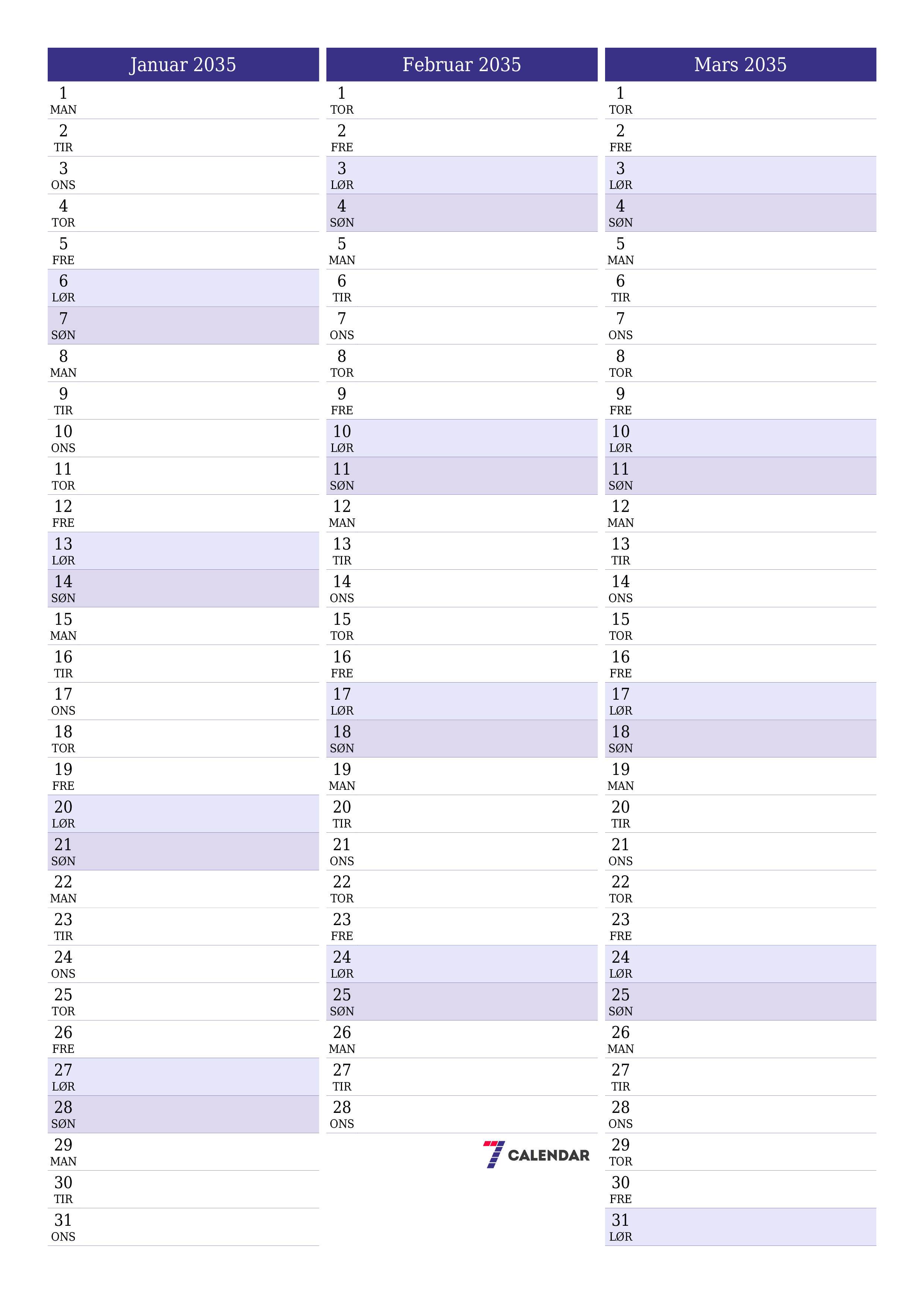 utskrivbar vegg mal gratis vertikal Månedlig planlegger kalender Januar (Jan) 2035