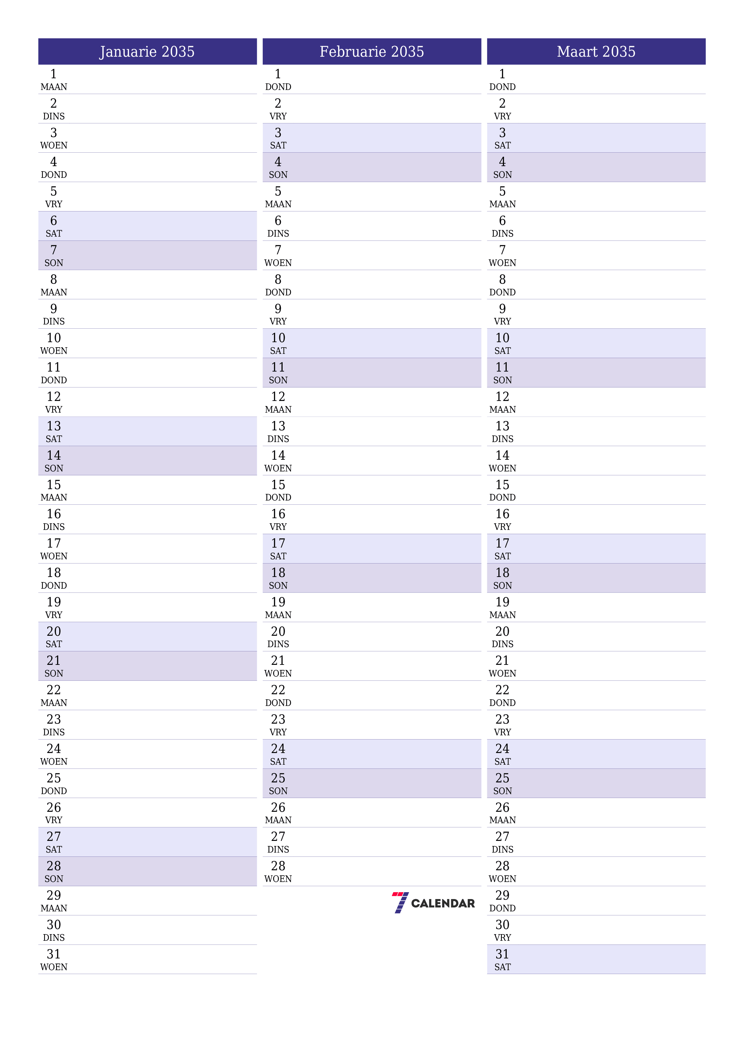 drukbare muur template gratis vertikaal Maandeliks beplanner kalender Januarie (Jan) 2035