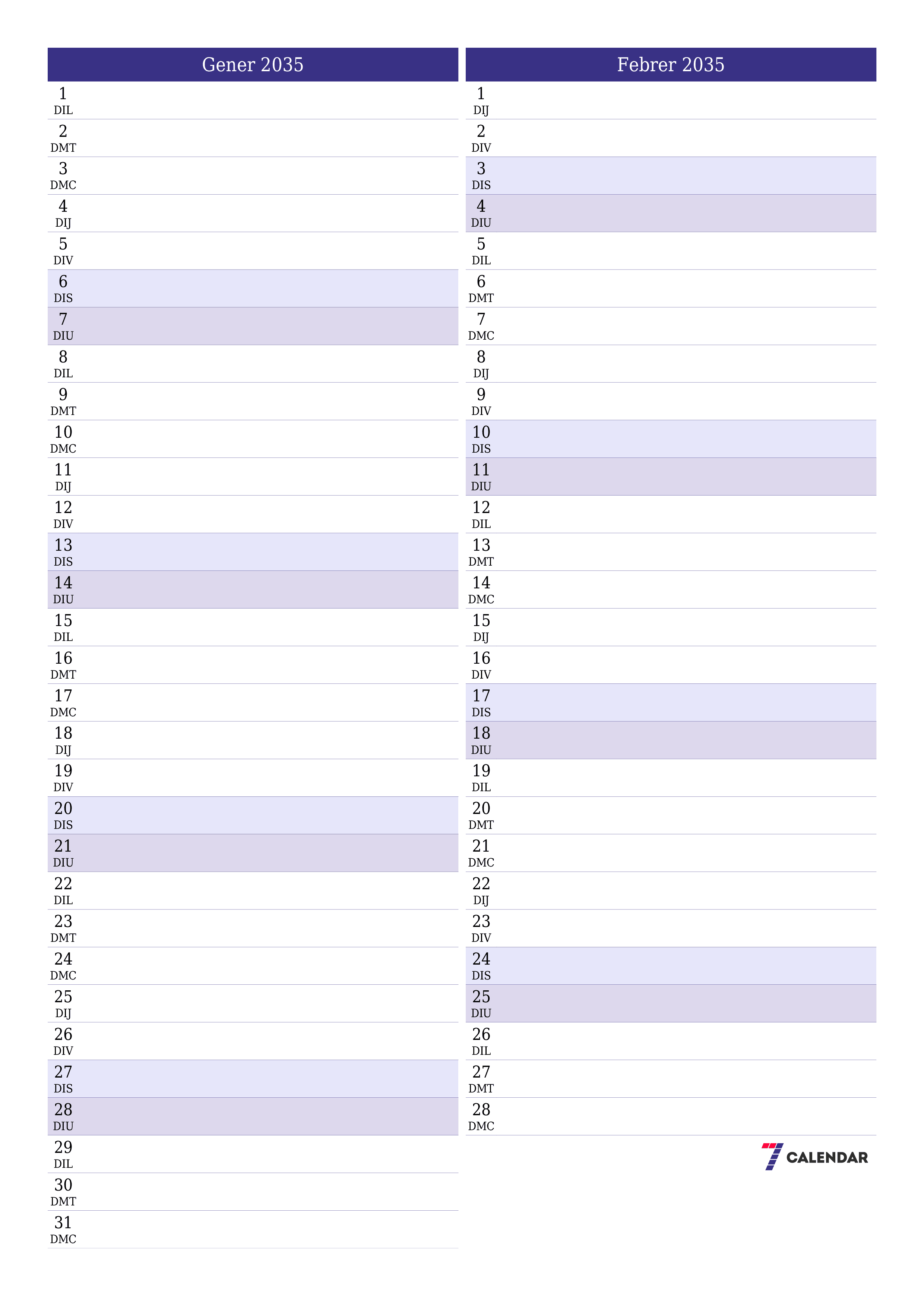  imprimible de paret plantilla de gratuïtvertical Mensual planificador calendari Gener (Gen) 2035