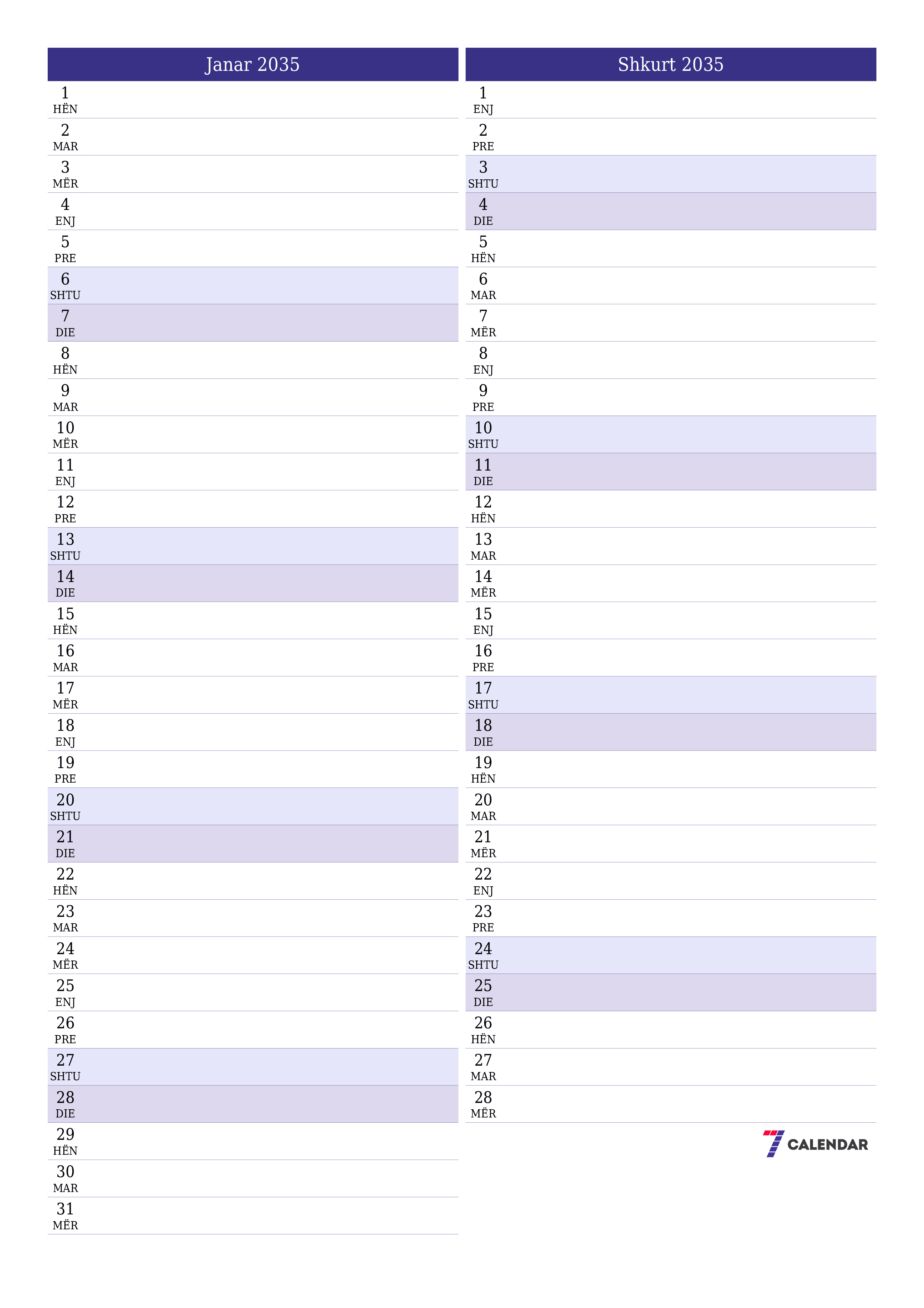  i printueshëm muri shabllon falasvertikale mujore planifikues kalendar Janar (Jan) 2035