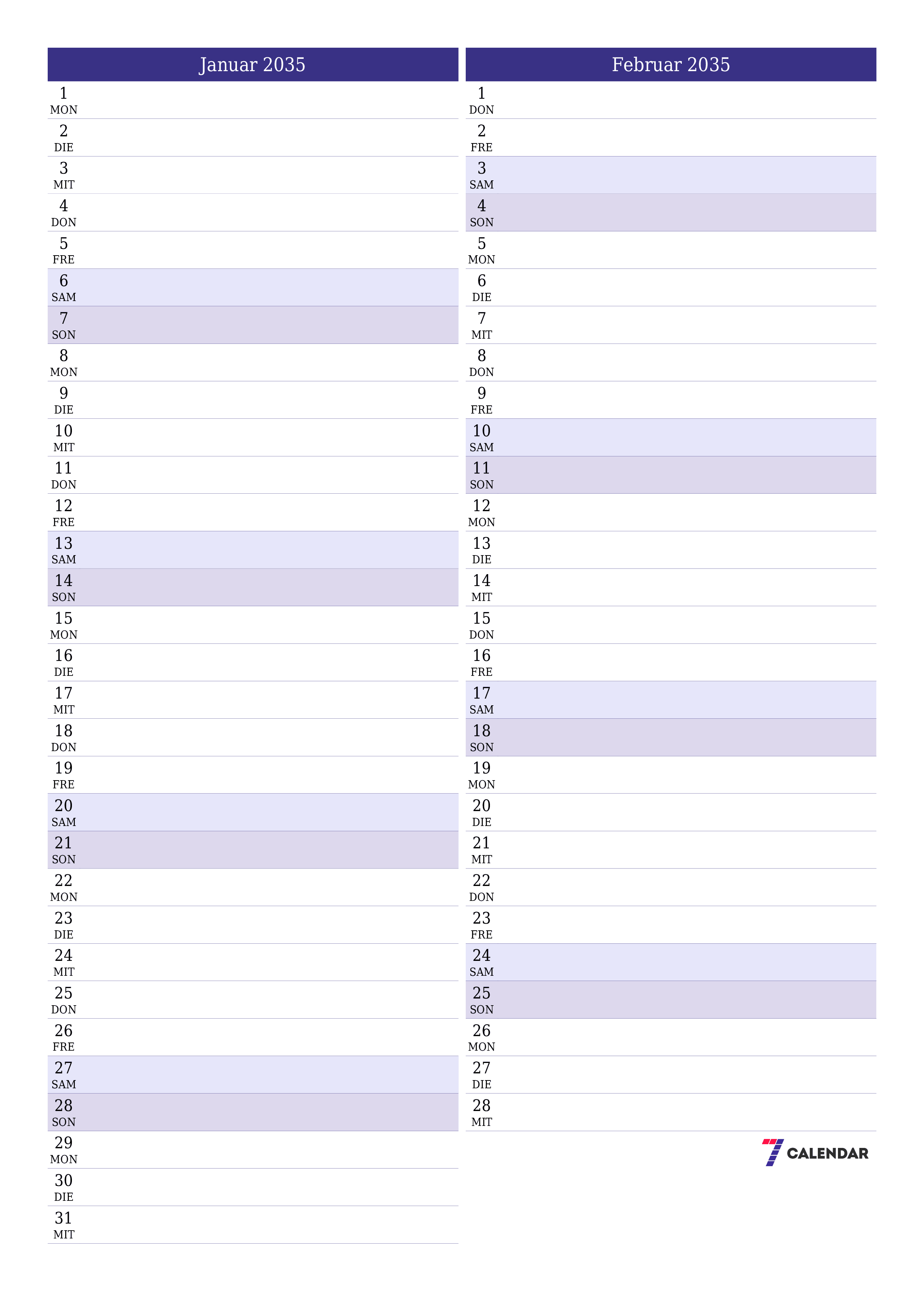  zum Ausdrucken Wandkalender vorlage kostenloser vertikal Monatlich Planer Kalender Januar (Jan) 2035