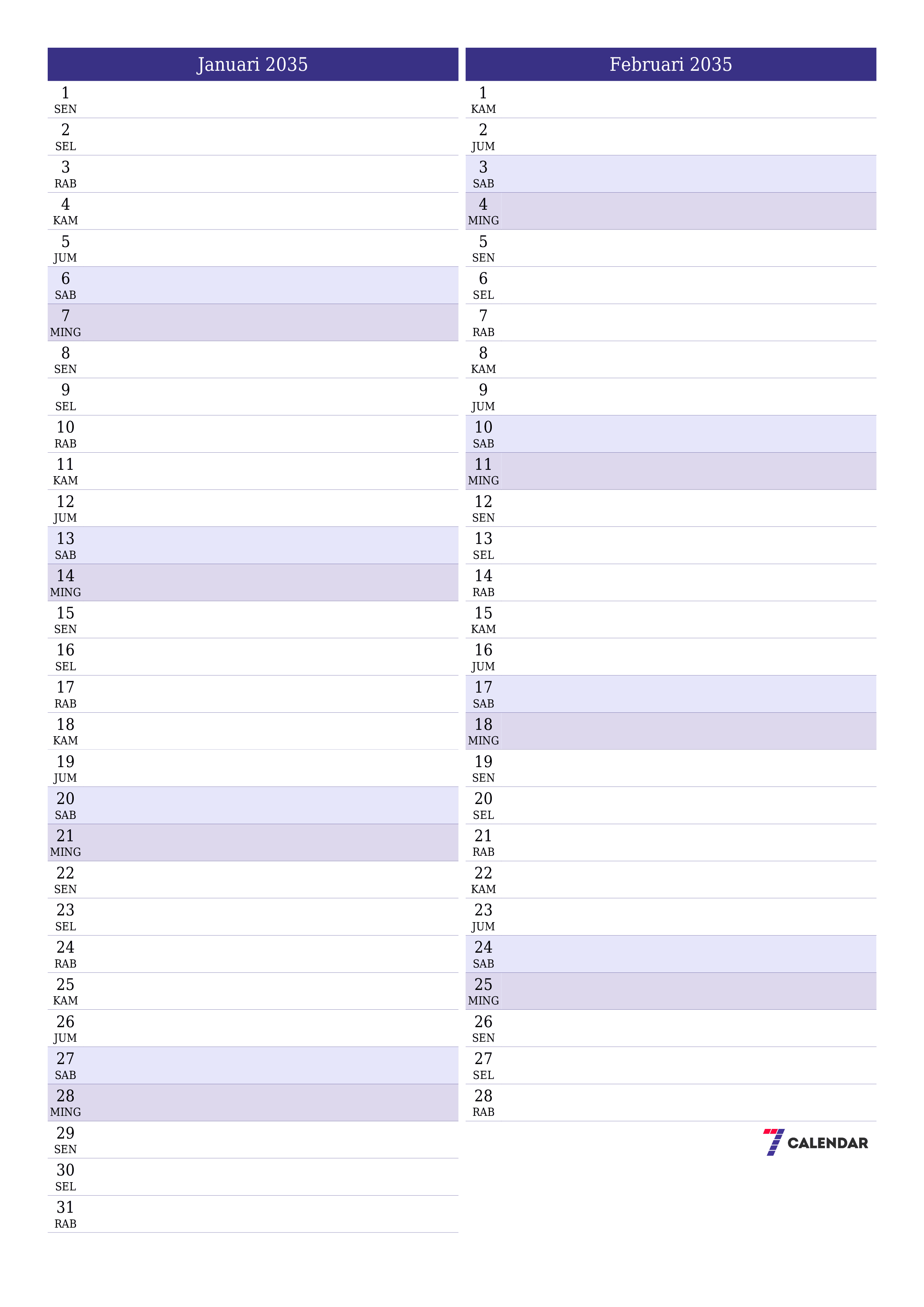  yang dapat dicetak dinding templat gratisvertikal Bulanan perencana kalender Januari (Jan) 2035
