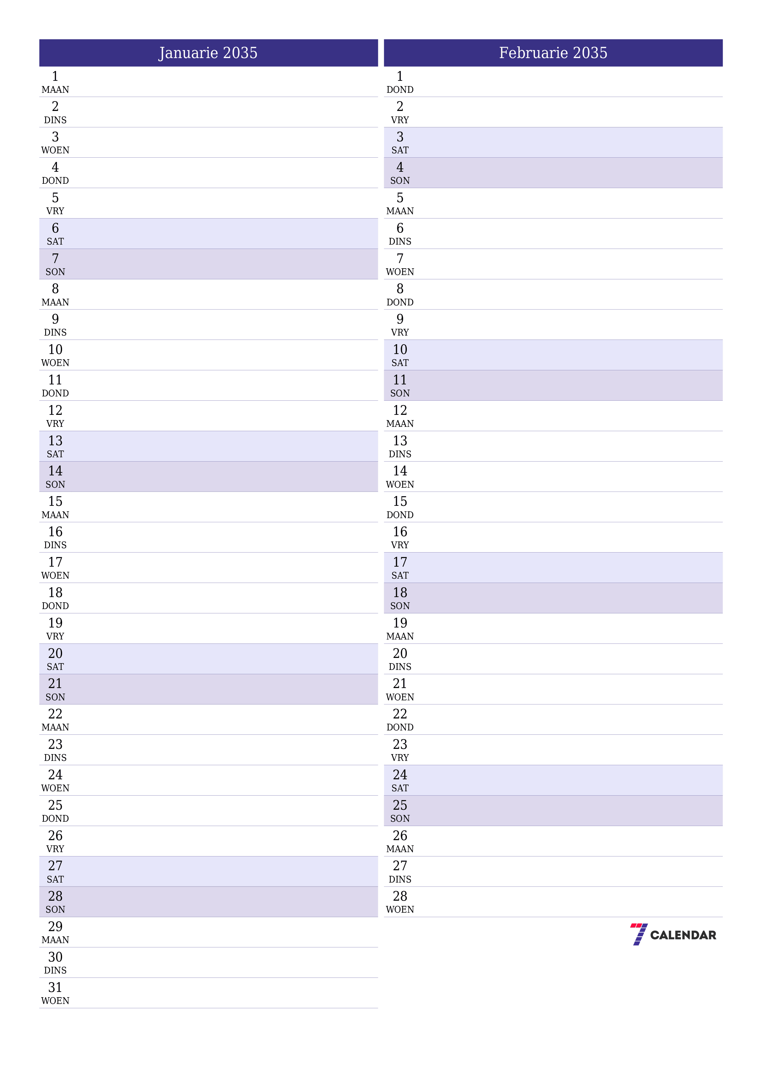 drukbare muur template gratis vertikaal Maandeliks beplanner kalender Januarie (Jan) 2035