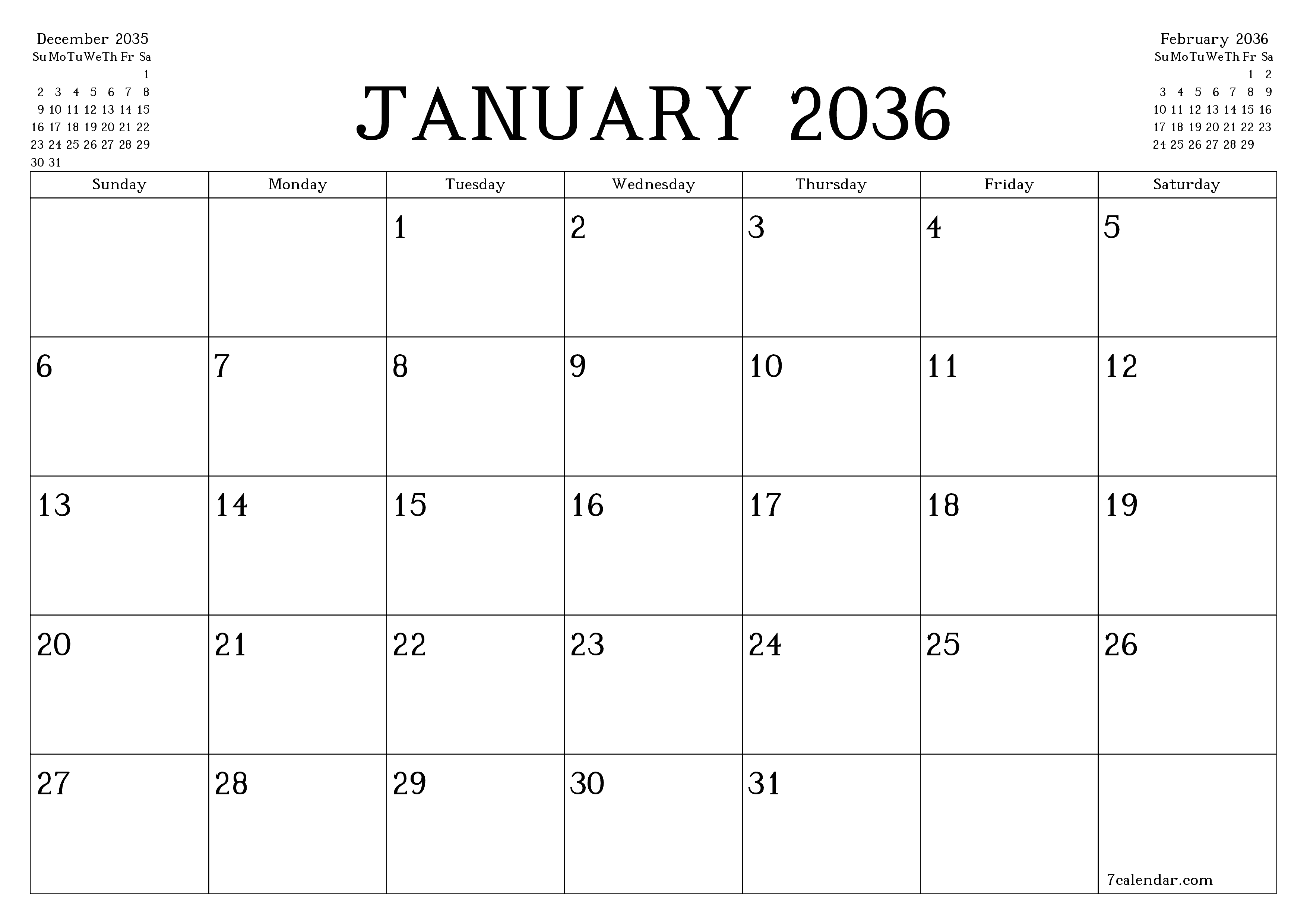 Blank calendar January 2036