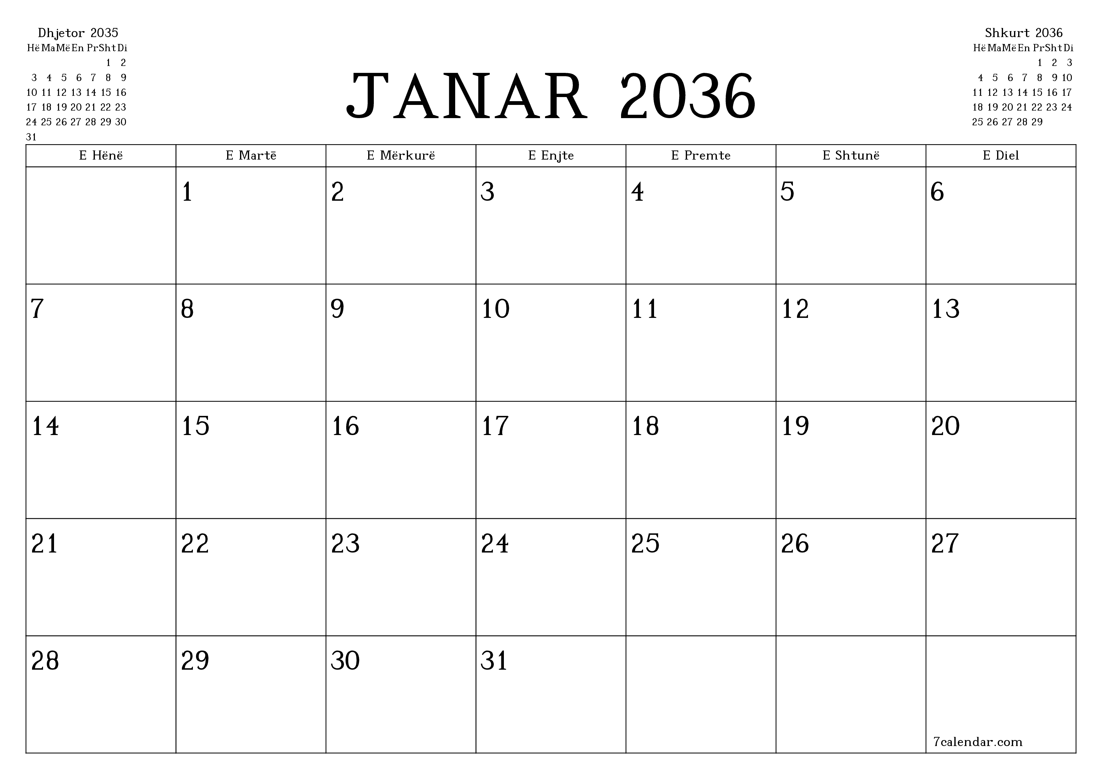 Planifikuesi i zbrazët i kalendarit mujor për muajin Janar 2036 me shënime të ruajtura dhe të printuara në PDF PNG Albanian