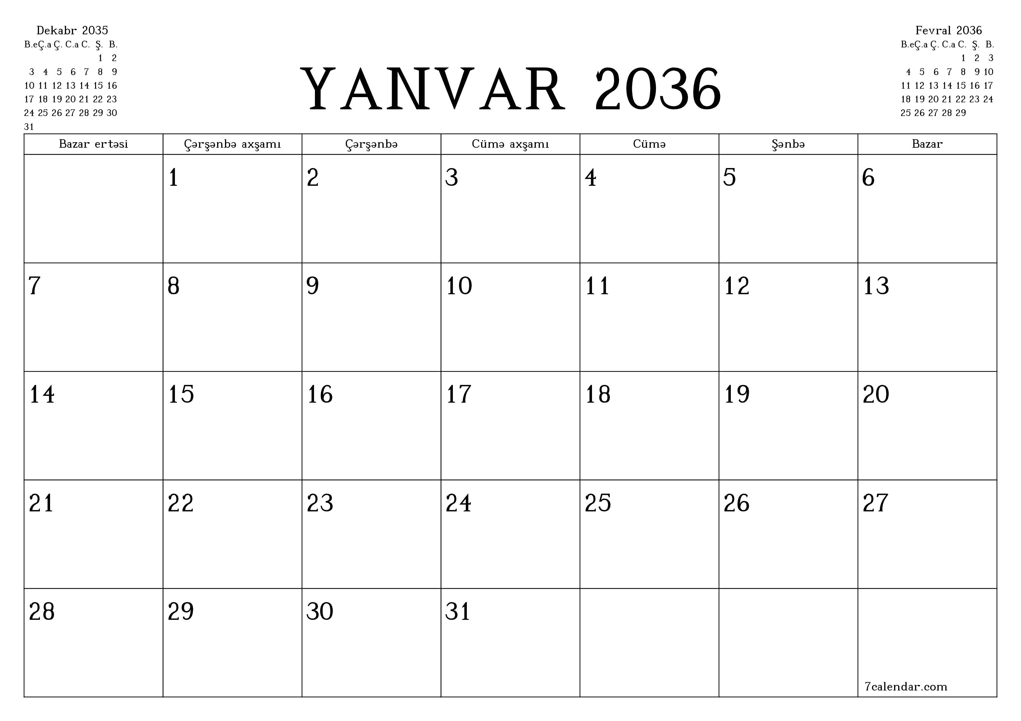 Yanvar 2036 ayı üçün qeydlər ilə boş aylıq planlayıcı, qeyd edin və PDF-ə yazdırın PNG Azerbaijani