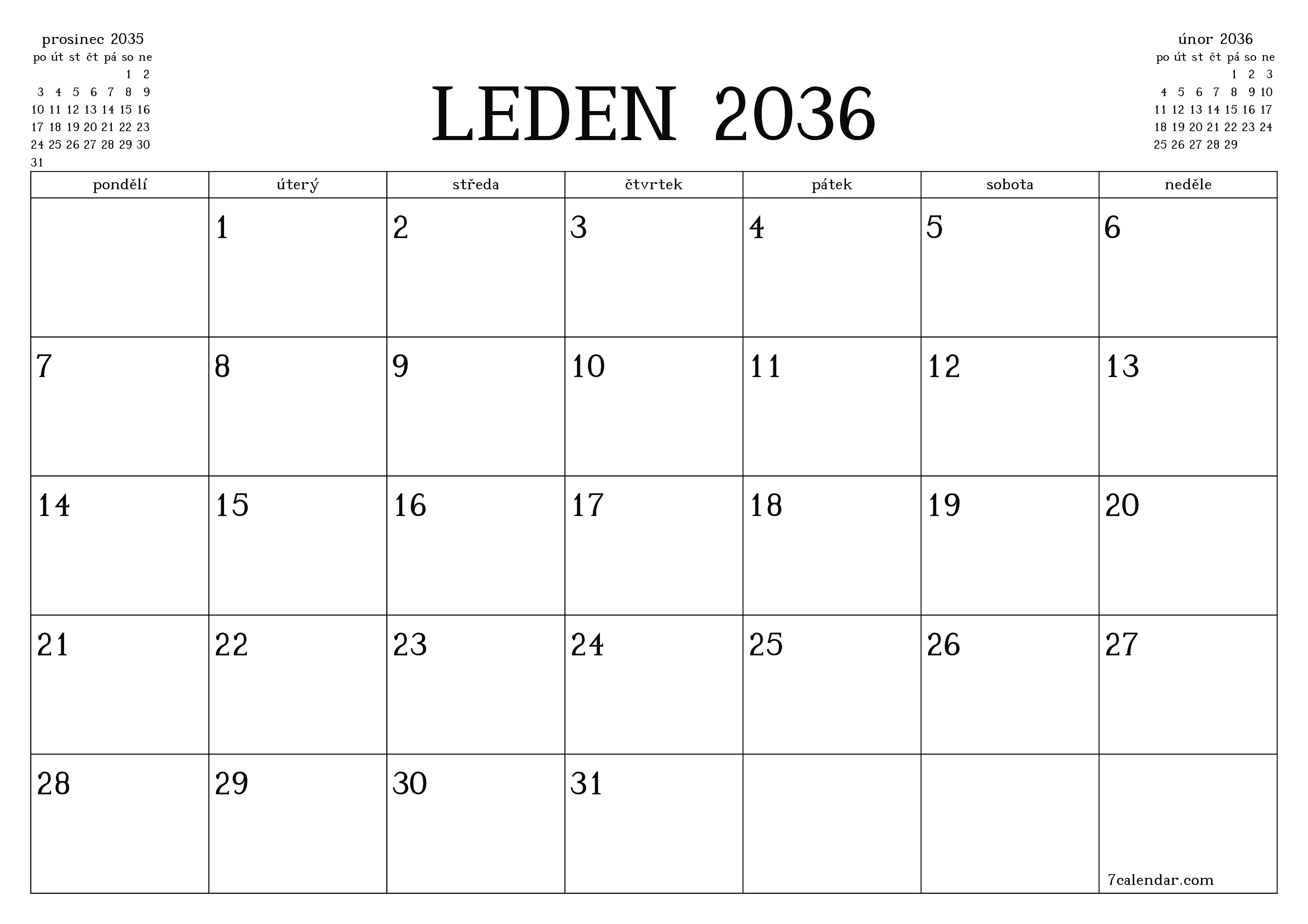 Vyprázdnit měsíční plánovač na měsíc leden 2036 s poznámkami, uložit a vytisknout do PDF PNG Czech