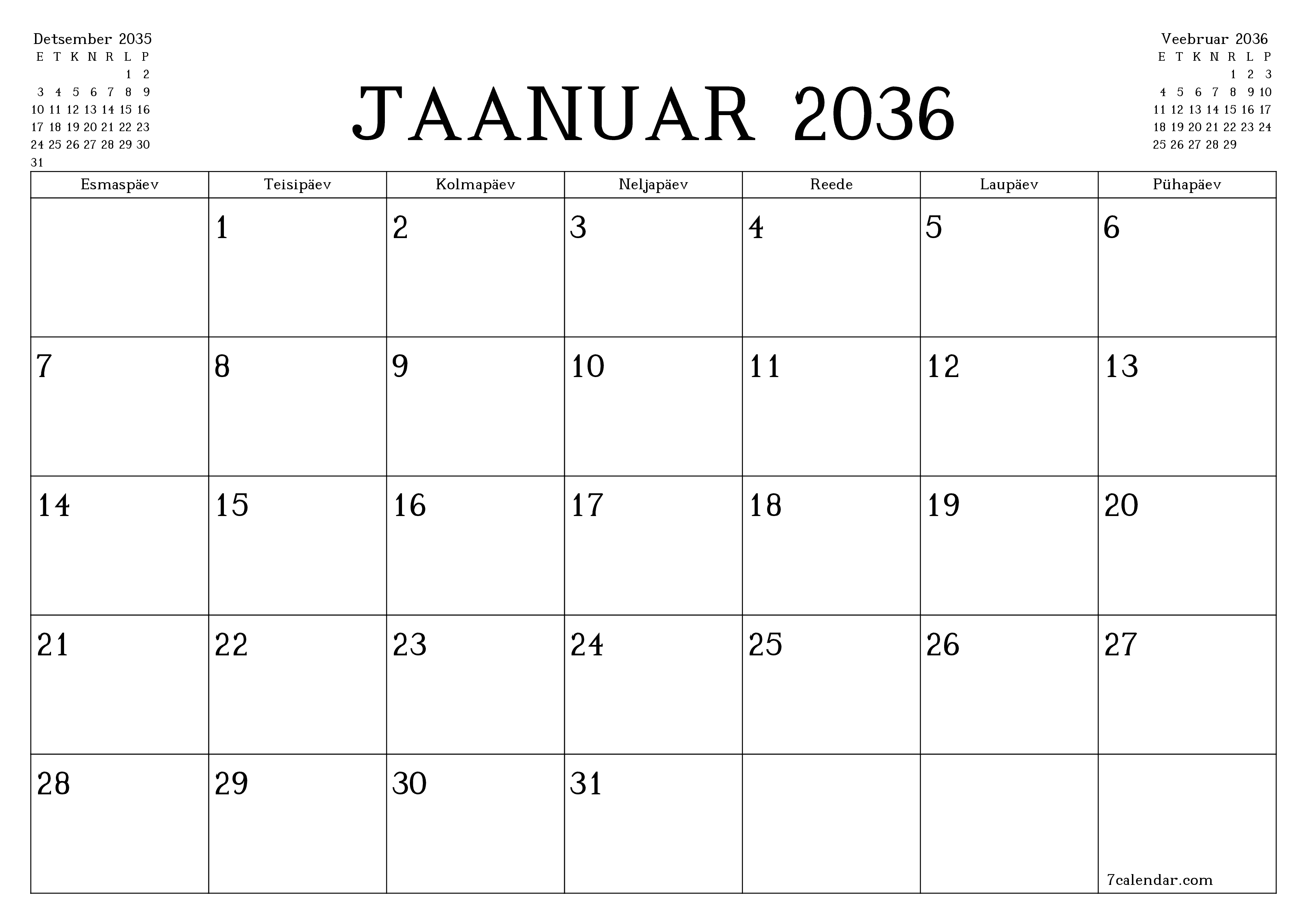 Tühjendage kuu Jaanuar 2036 kuuplaneerija märkmetega, salvestage ja printige PDF-i PNG Estonian