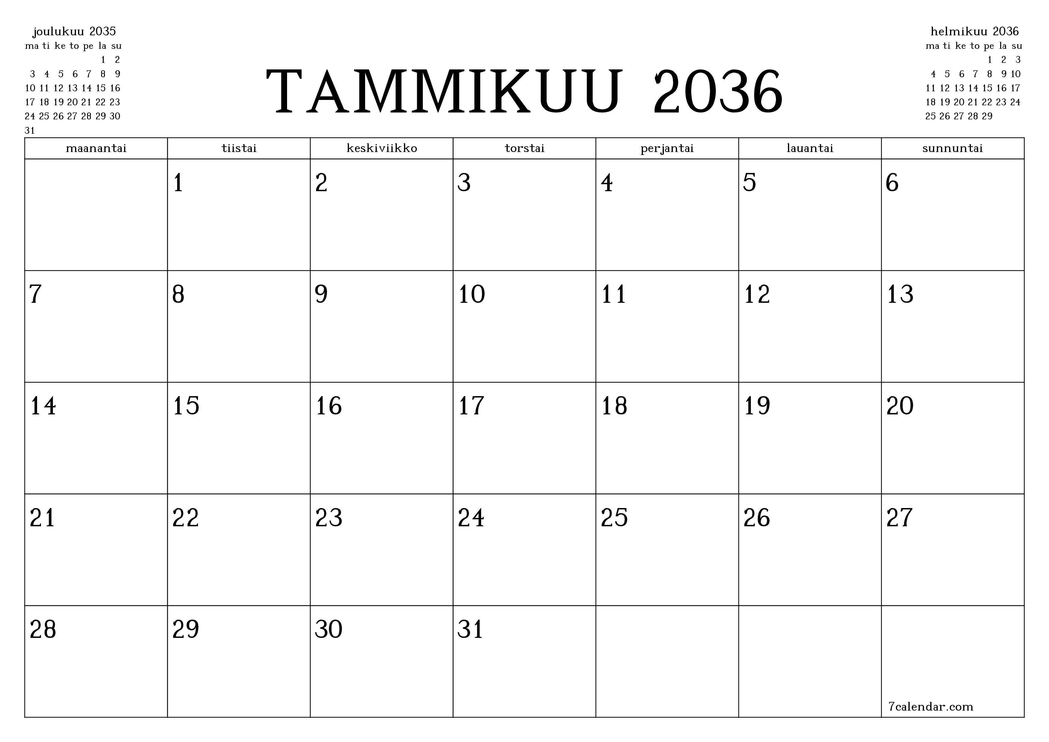 Tyhjennä kuukausittainen suunnittelija kuukaudelle Tammikuu 2036 muistiinpanoilla, tallenna ja tulosta PDF-muotoon PNG Finnish