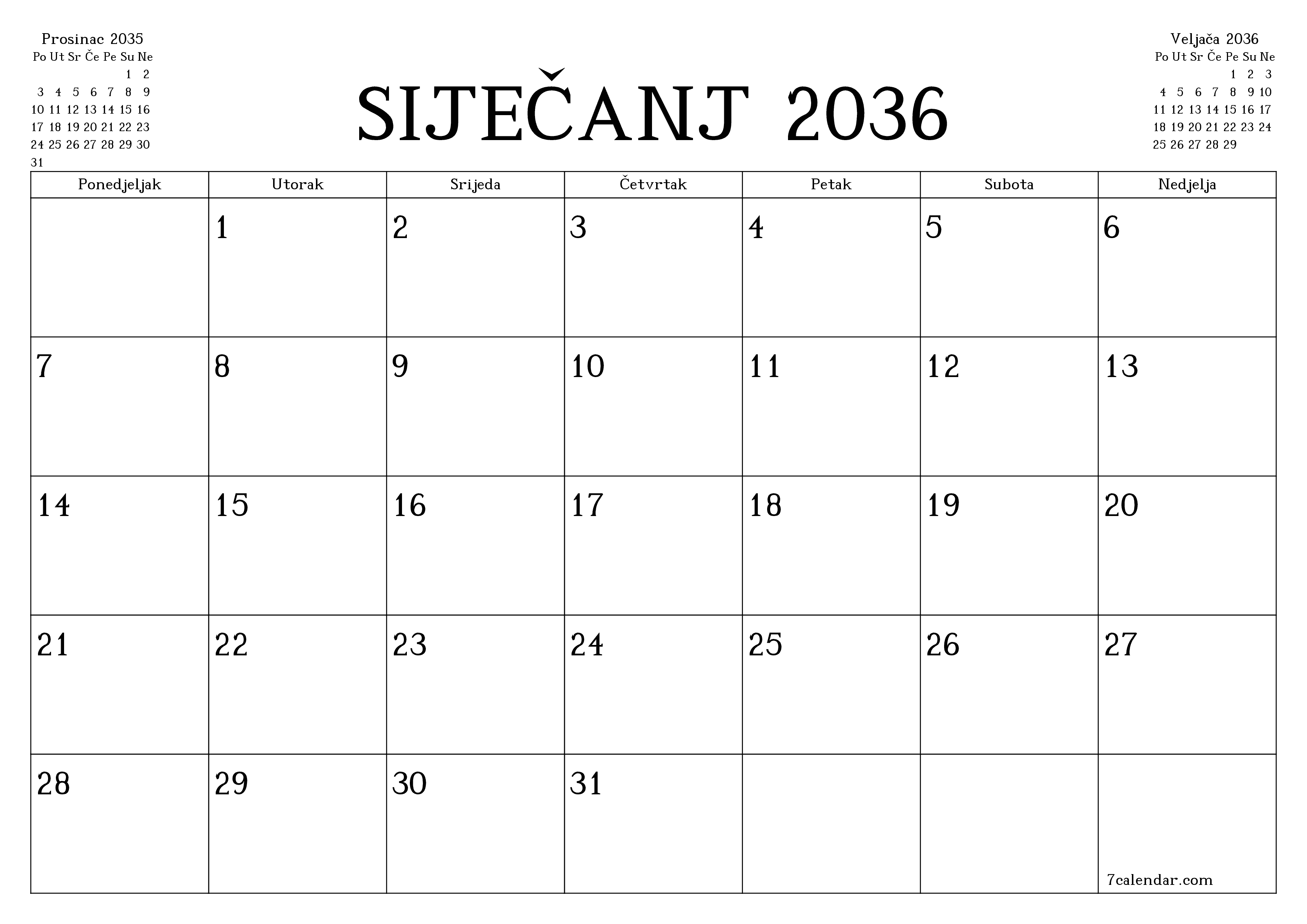 Ispraznite mjesečni planer za mjesec Siječanj 2036 s bilješkama, spremite i ispišite u PDF PNG Croatian