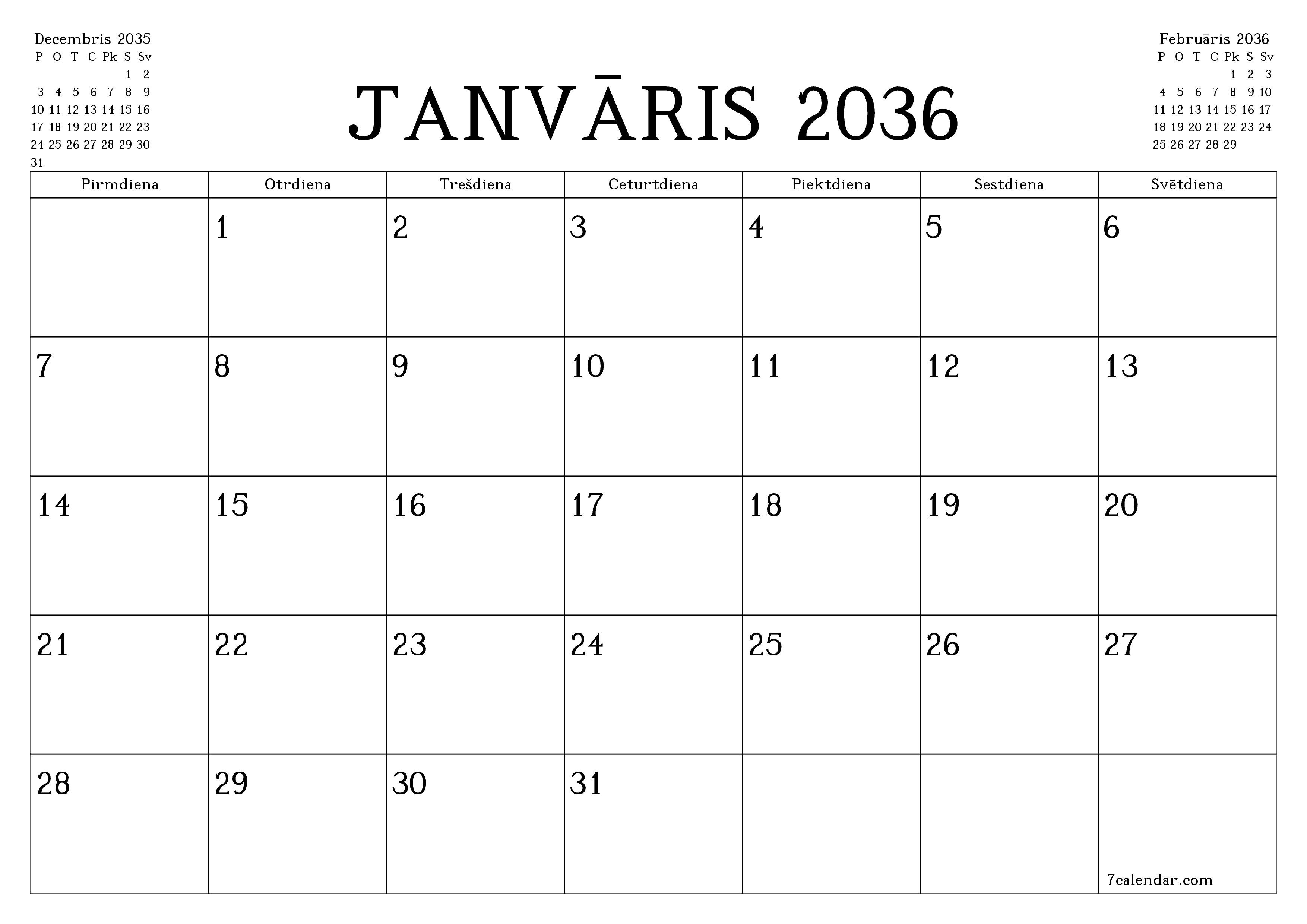 Iztukšot mēneša plānotāju mēnesim Janvāris 2036 ar piezīmēm, saglabāt un izdrukāt PDF formātā PNG Latvian