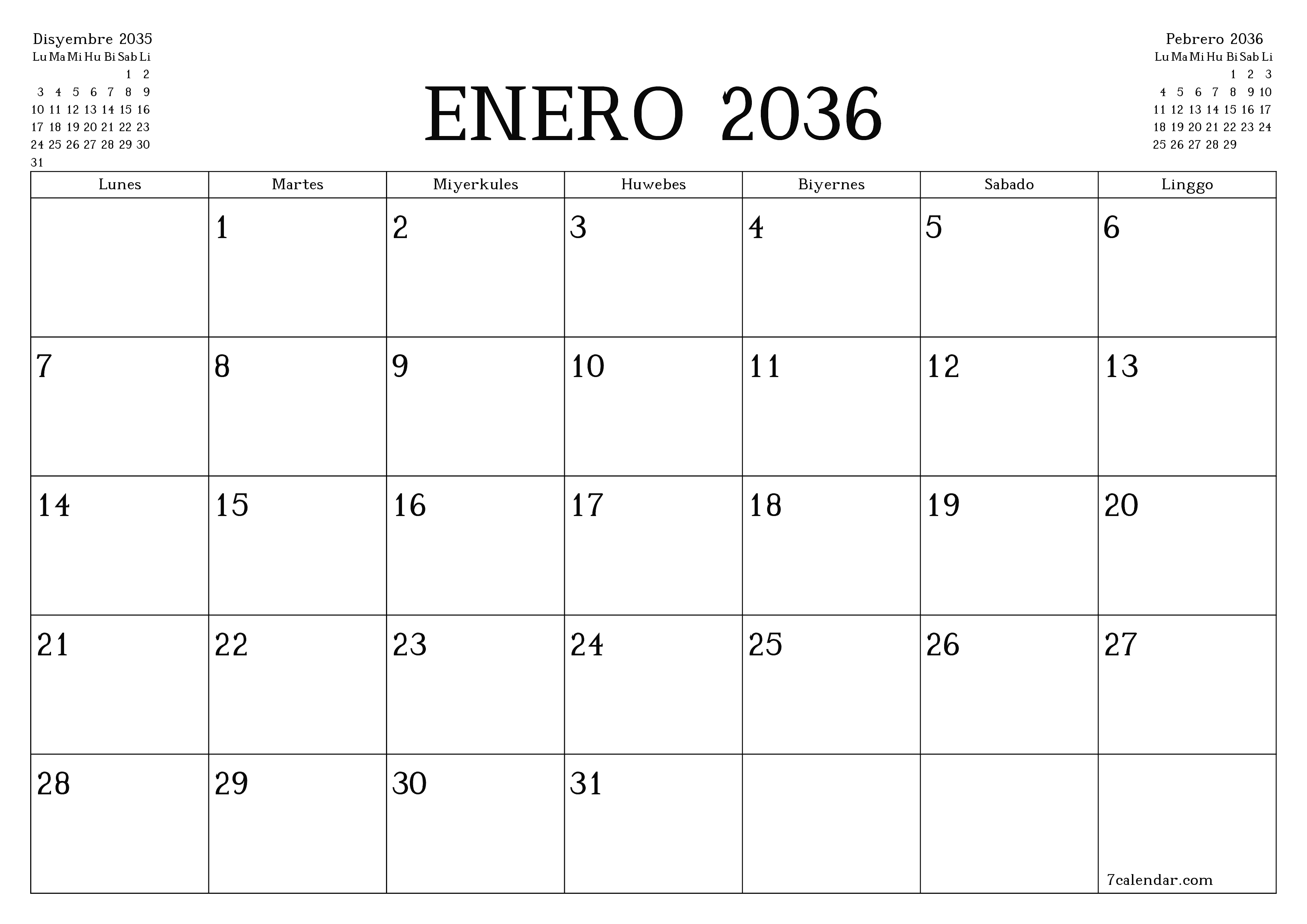 Walang laman na buwanang tagaplano para sa buwan na Enero 2036 na may mga tala, i-save at i-print sa PDF PNG Filipino