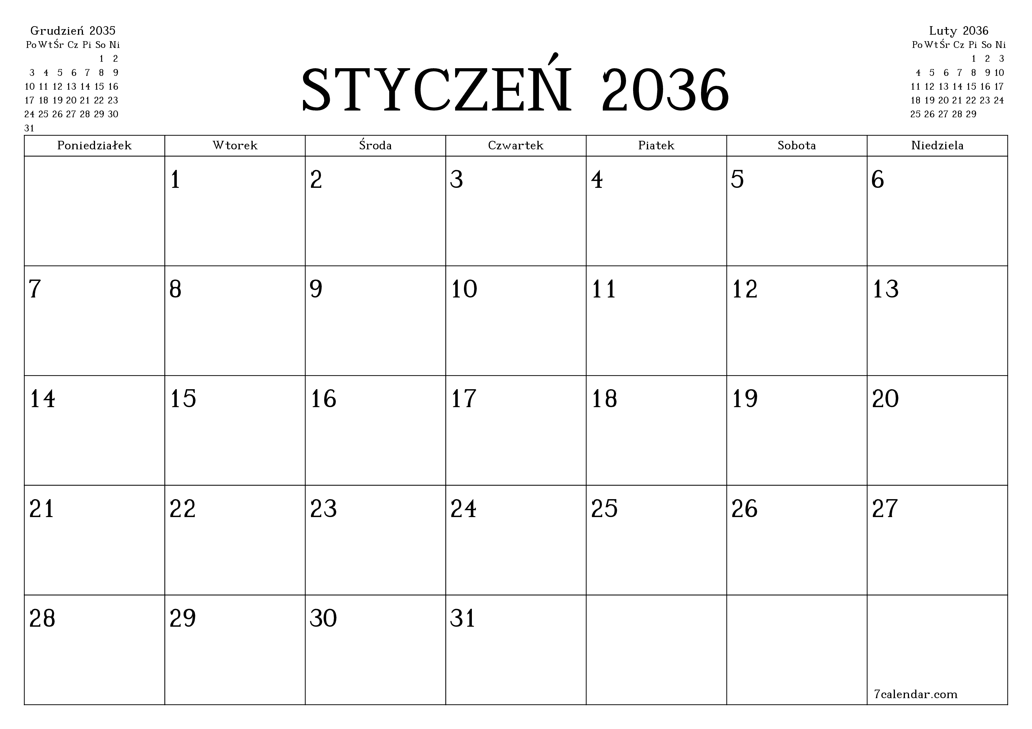 Opróżnij miesięczny planer na miesiąc Styczeń 2036 z notatkami, zapisz i wydrukuj w formacie PDF PNG Polish