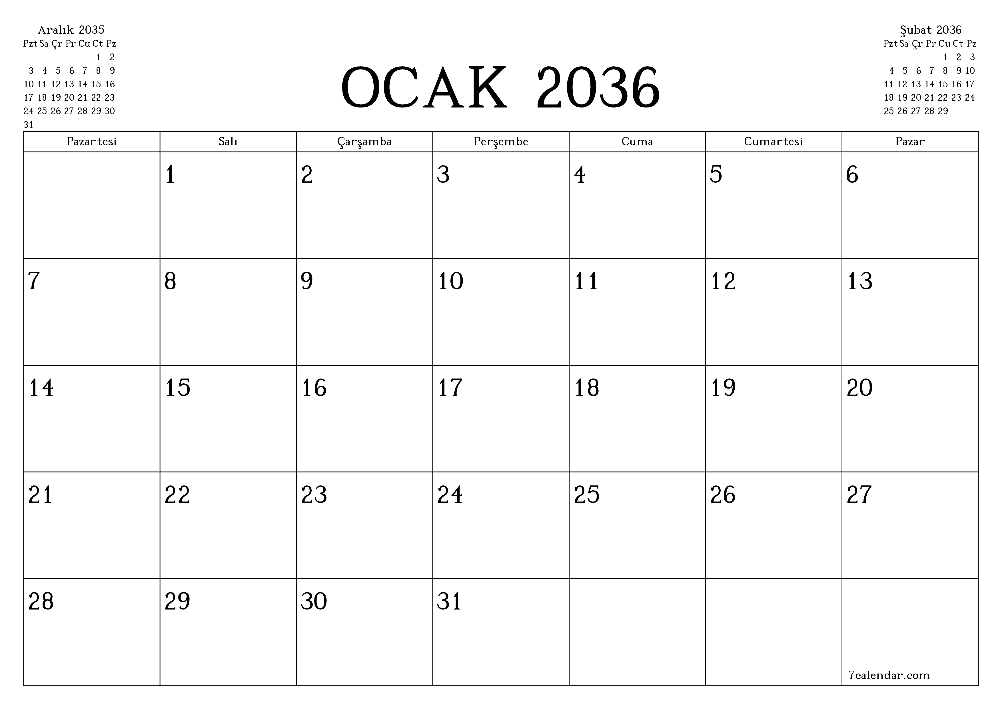 Ocak 2036 ayı için notlarla birlikte boş aylık planlayıcı, kaydedin ve PDF'ye yazdırın PNG Turkish