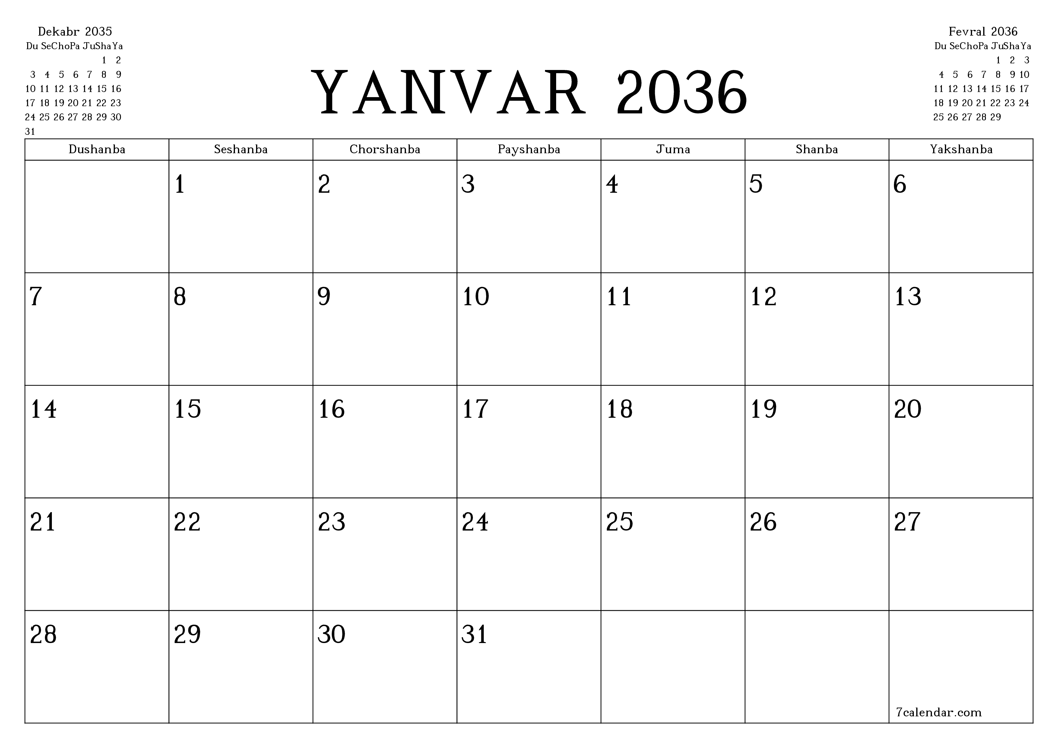 Yanvar 2036 oylik oylik rejalashtiruvchini yozuvlar bilan bo'shatish, saqlash va PDF-ga chop etish PNG Uzbek