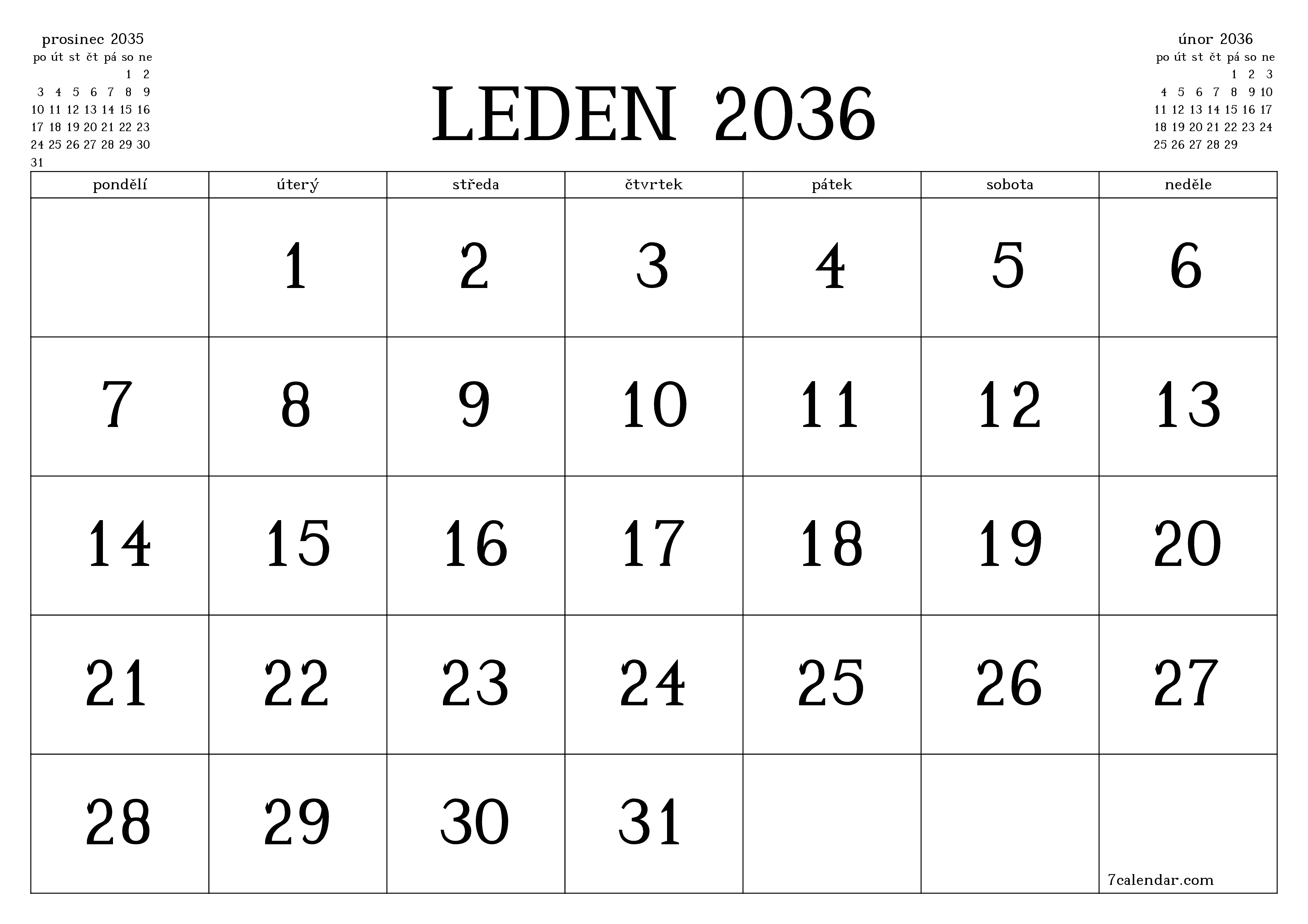 Vyprázdnit měsíční plánovač na měsíc leden 2036 s poznámkami, uložit a vytisknout do PDF PNG Czech