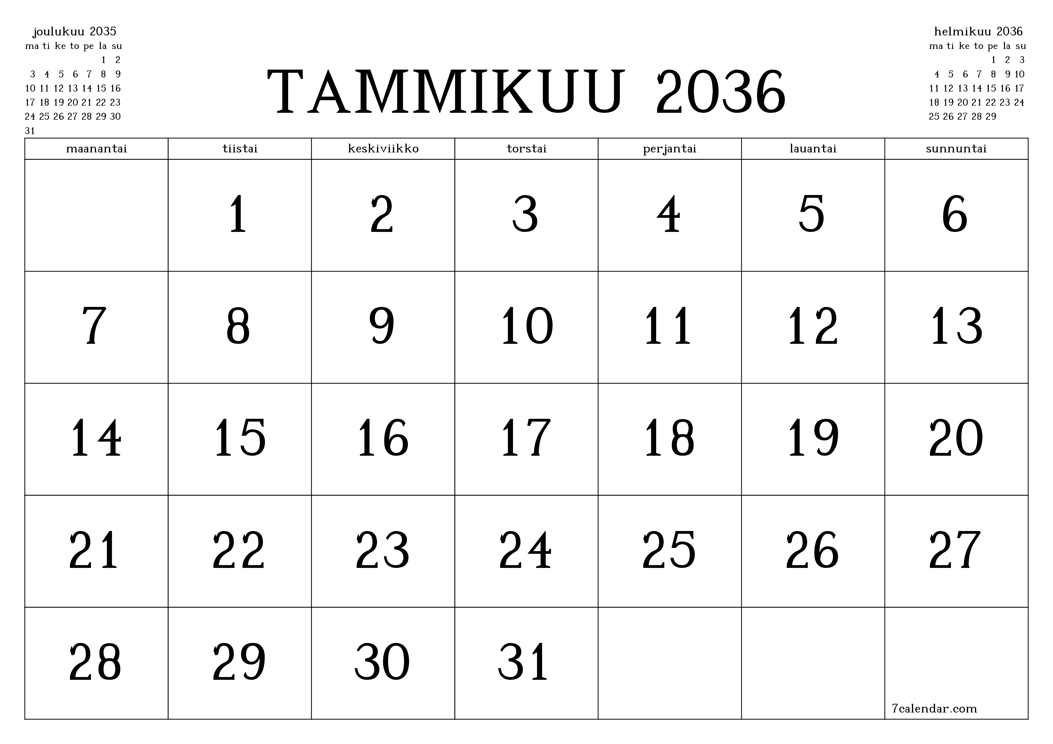 Tyhjennä kuukausittainen suunnittelija kuukaudelle Tammikuu 2036 muistiinpanoilla, tallenna ja tulosta PDF-muotoon PNG Finnish