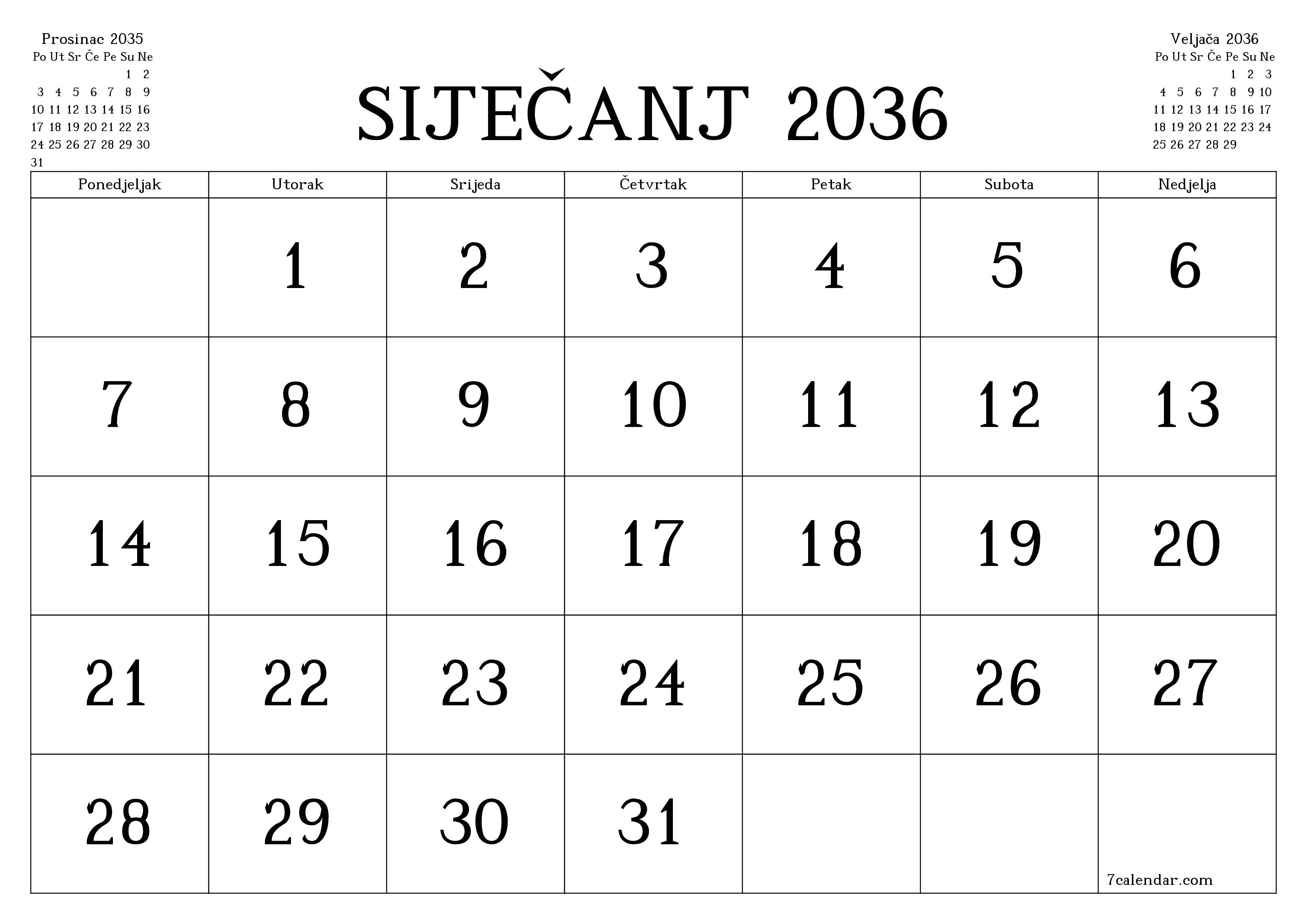 Ispraznite mjesečni planer za mjesec Siječanj 2036 s bilješkama, spremite i ispišite u PDF PNG Croatian