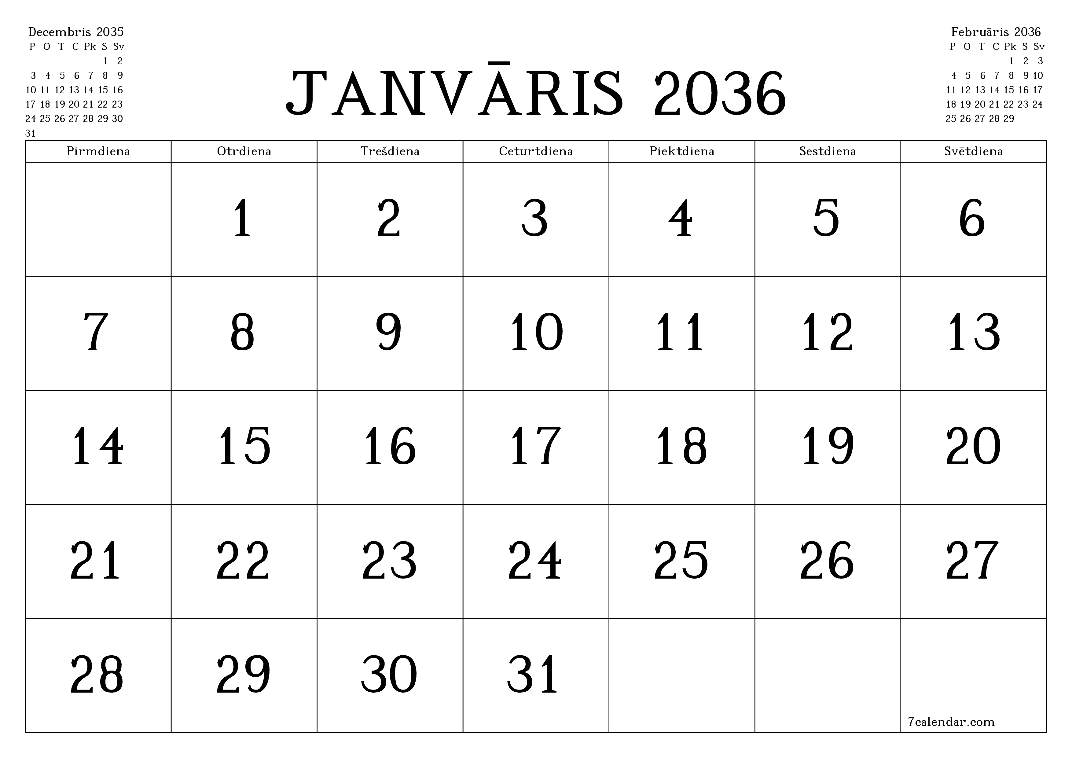 Iztukšot mēneša plānotāju mēnesim Janvāris 2036 ar piezīmēm, saglabāt un izdrukāt PDF formātā PNG Latvian