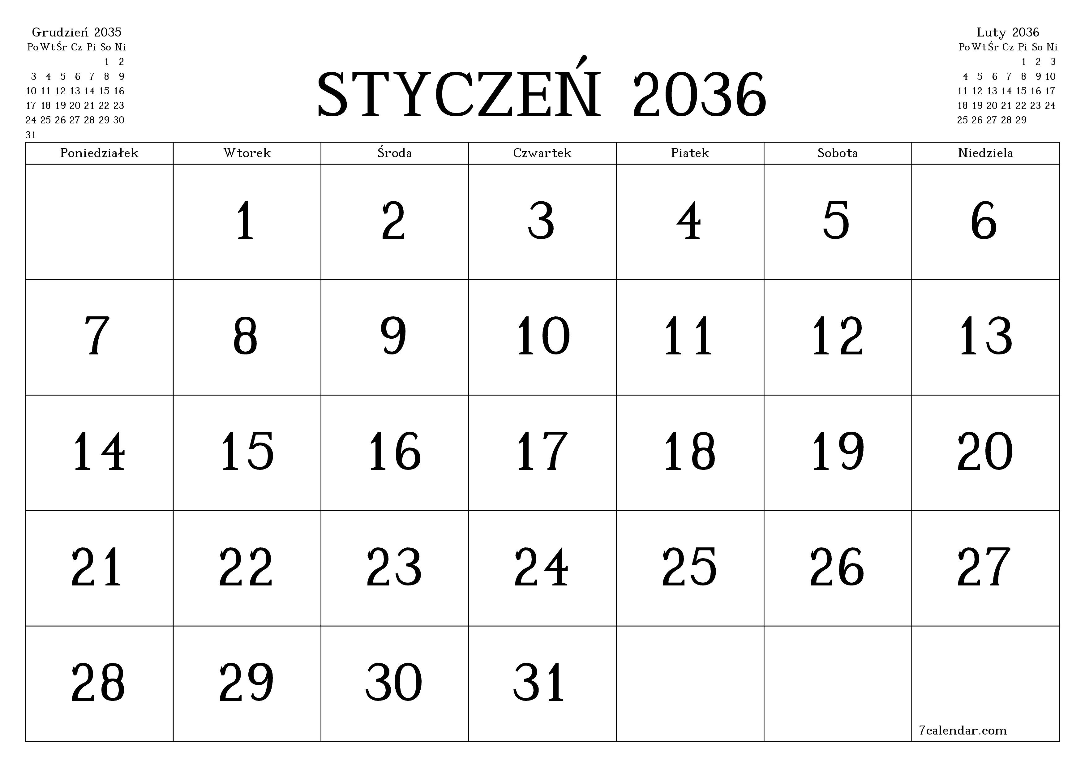 Opróżnij miesięczny planer na miesiąc Styczeń 2036 z notatkami, zapisz i wydrukuj w formacie PDF PNG Polish