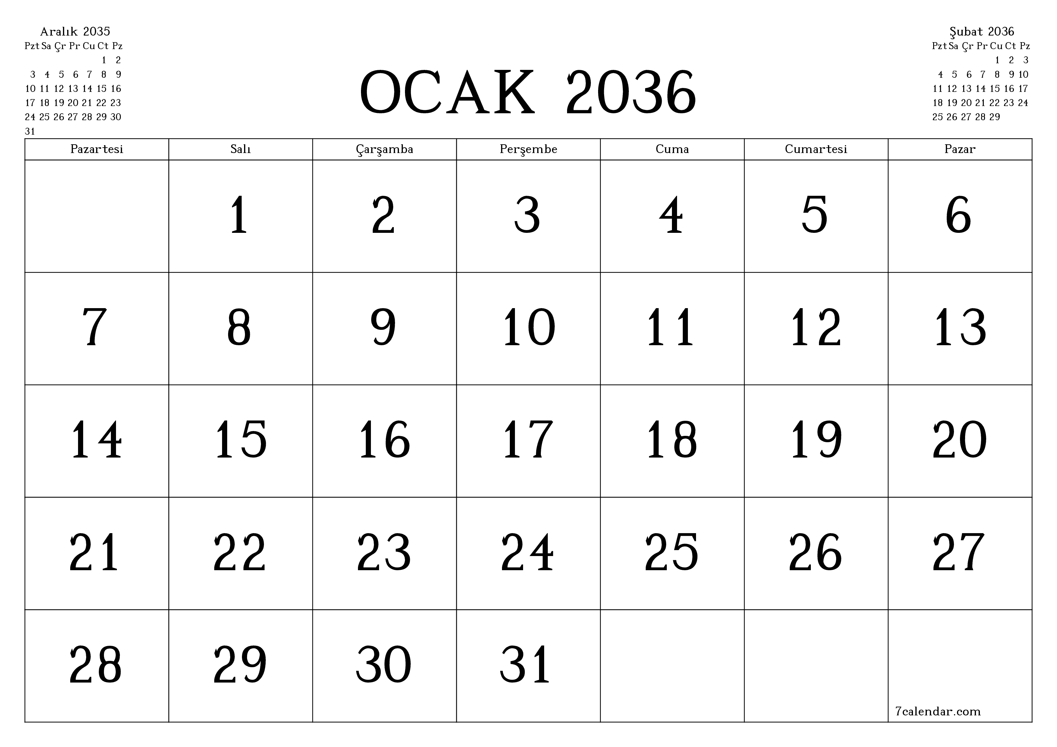 Ocak 2036 ayı için notlarla birlikte boş aylık planlayıcı, kaydedin ve PDF'ye yazdırın PNG Turkish