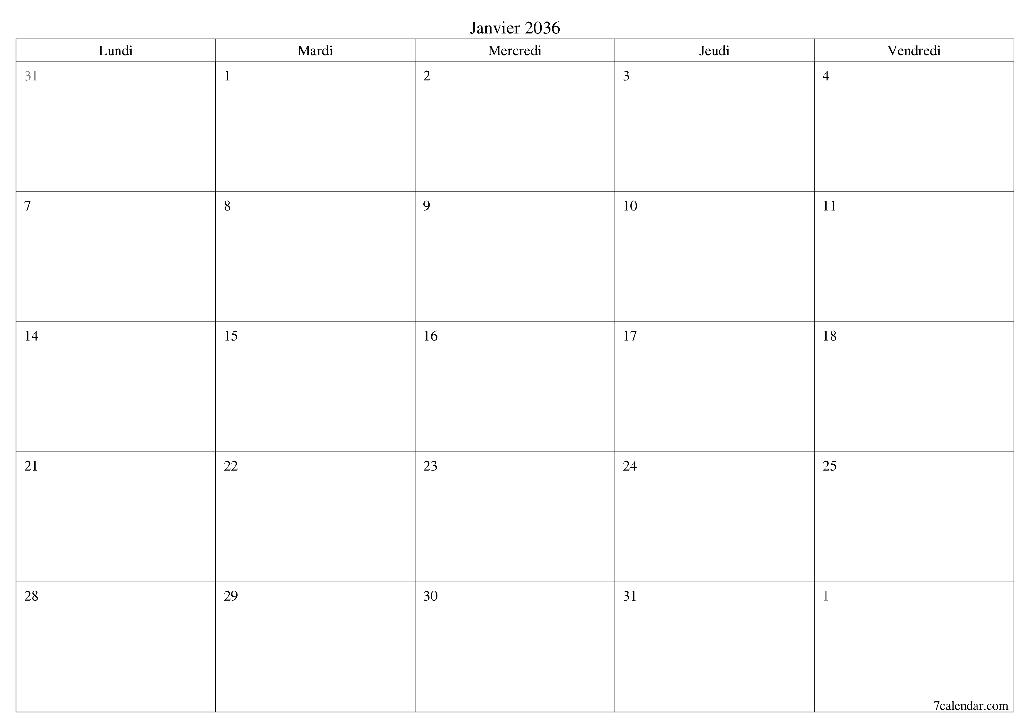 Agenda mensuel vide pour le mois Janvier 2036 avec notes, enregistrez et imprimez au format PDF PNG French