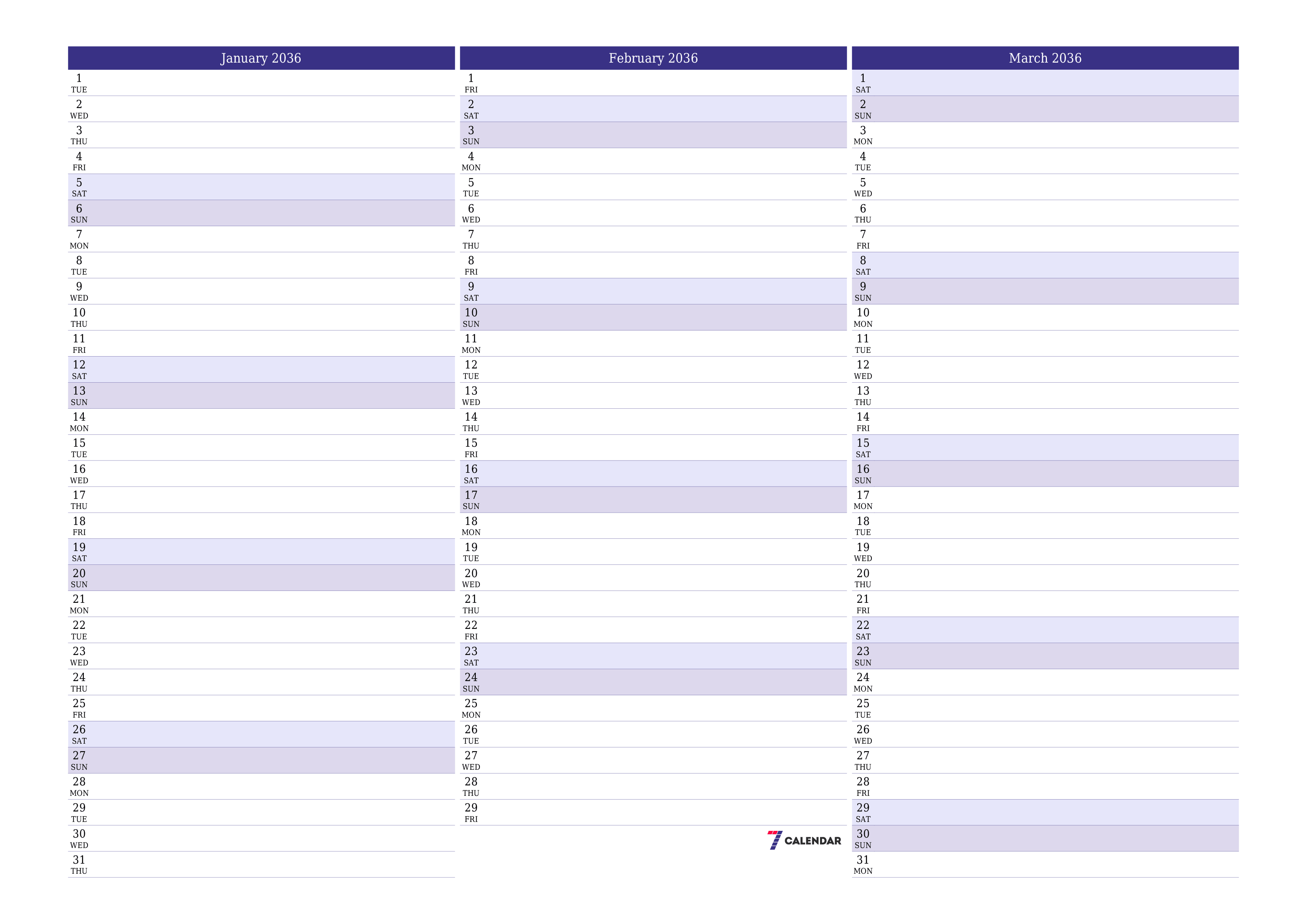 Blank calendar January 2036