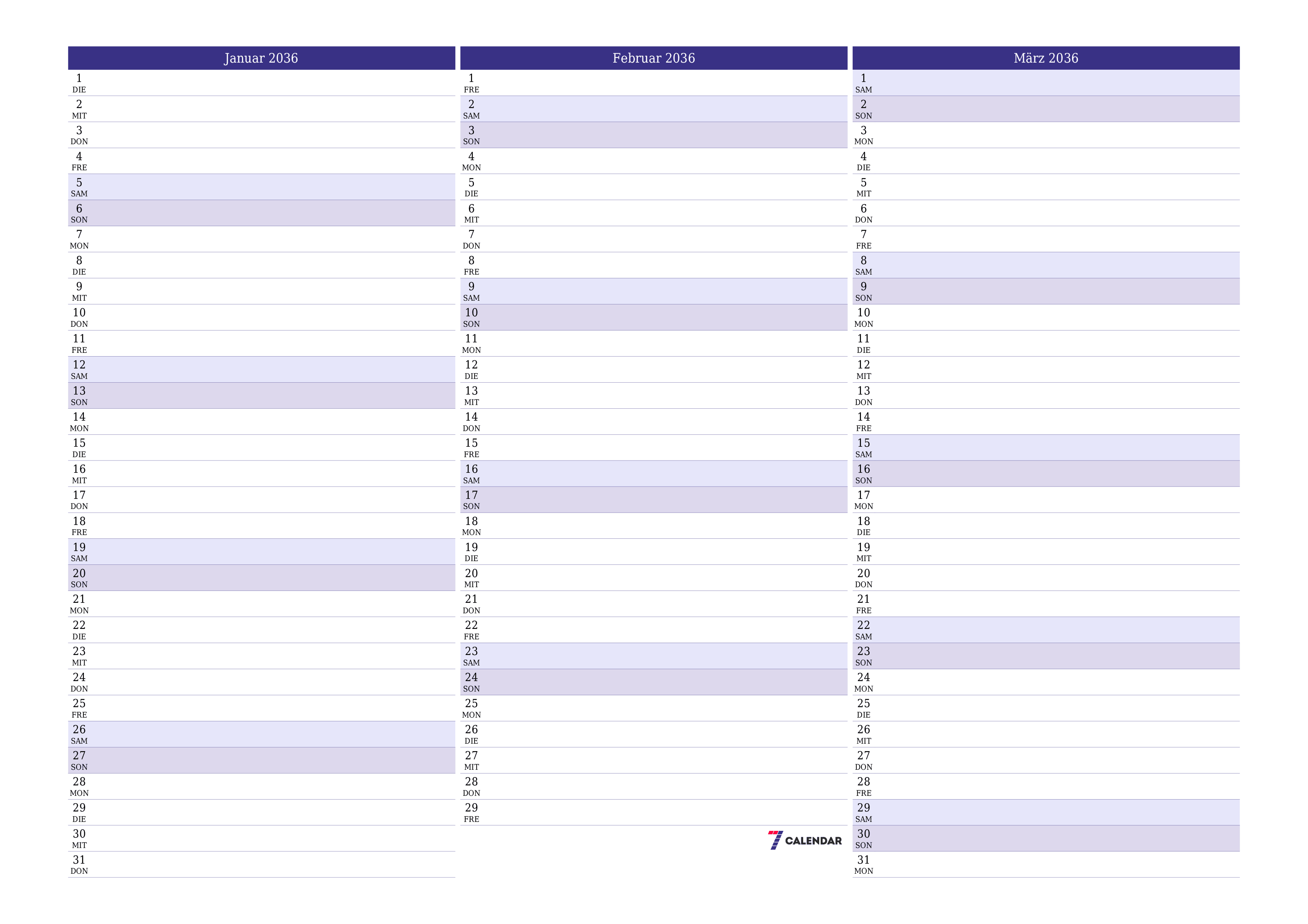 Monatsplaner für Monat Januar 2036 mit Notizen leeren, speichern und als PDF PNG German - 7calendar.com drucken